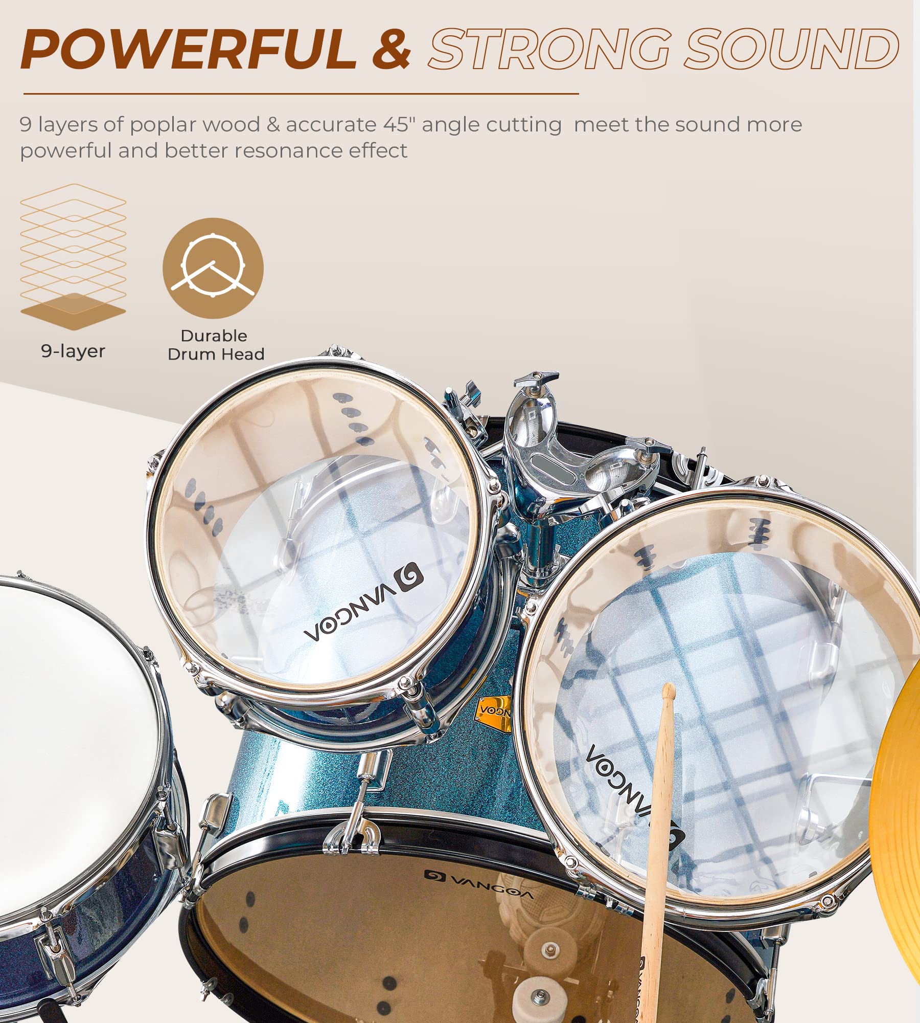 Vangoa 5-Piece Full Size Acoustic Drum Set for Beginners - 22 Inch Student Drum Kit with Cymbals, Stands, Stool, Pedal & Sticks (Blue) | Perfect for Teens, Adults & Music Enthusiasts - Home Practice, Studio Recording & Live Performances