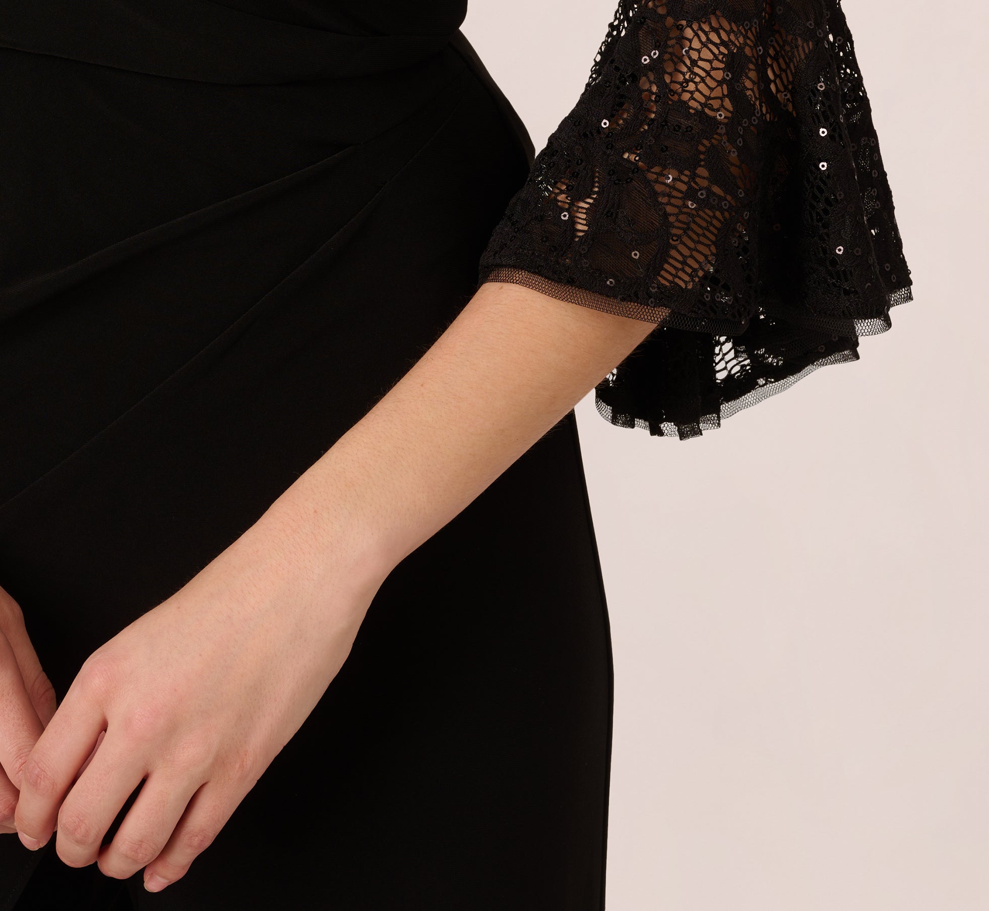 Black Wide Leg Jersey Jumpsuit with Sheer Lace Bell Sleeves - Elegant Women's Romper for Casual Wear, Date Night & Special Occasions