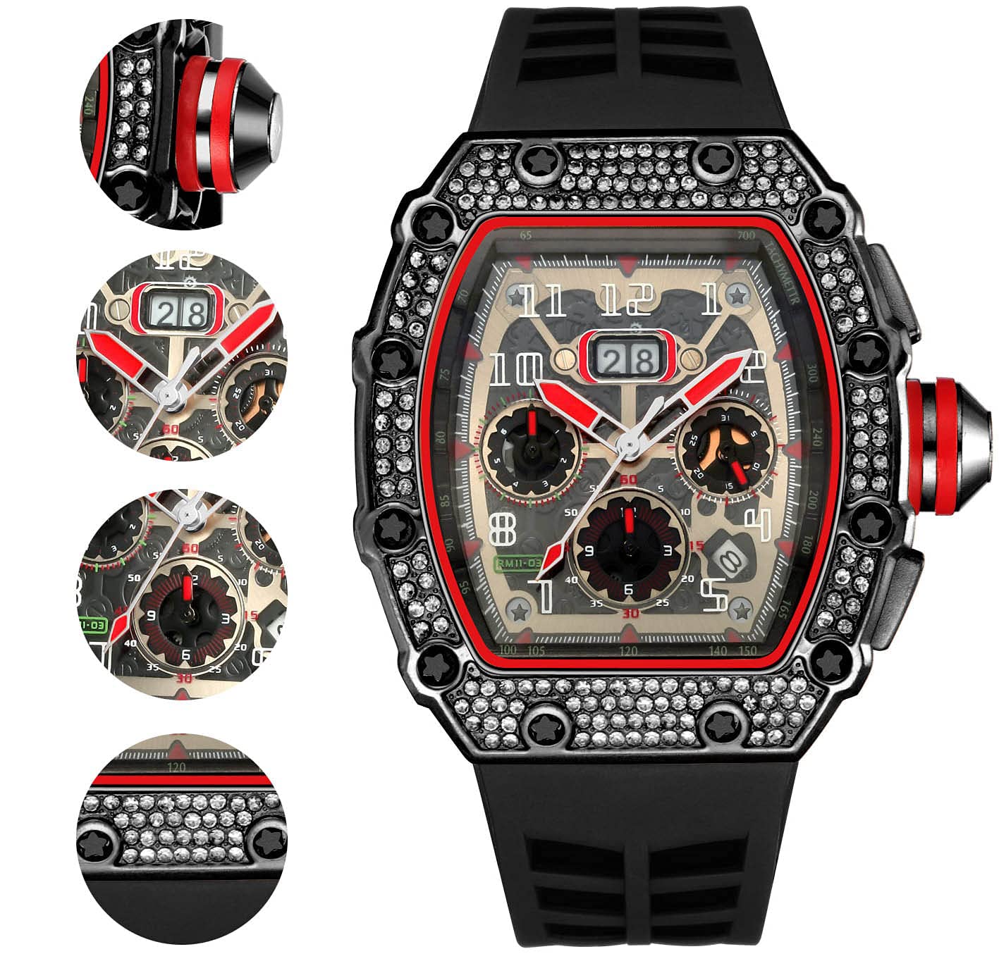 FANMIS Men's Punk Diamond Chronograph Watch - Fashionable Silicone Band Sports Wristwatch for Casual & Party Wear - Perfect for Everyday Use, Gifts, and Special Occasions
