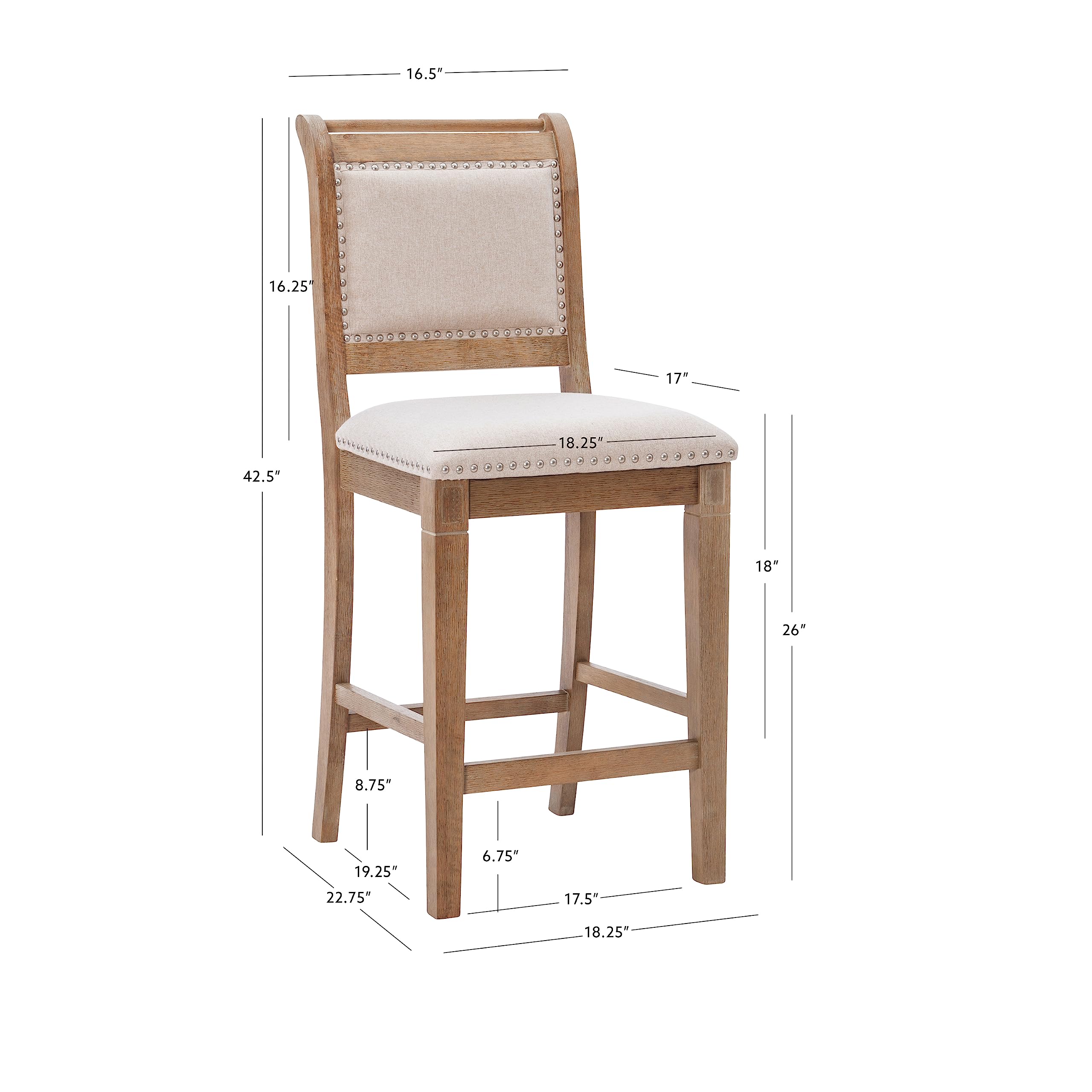Linon Newton Natural Wood Counter Stool - Grey Wash Finish for Kitchen Island & Bar Seating - Rustic Home Decor & Dining Furniture
