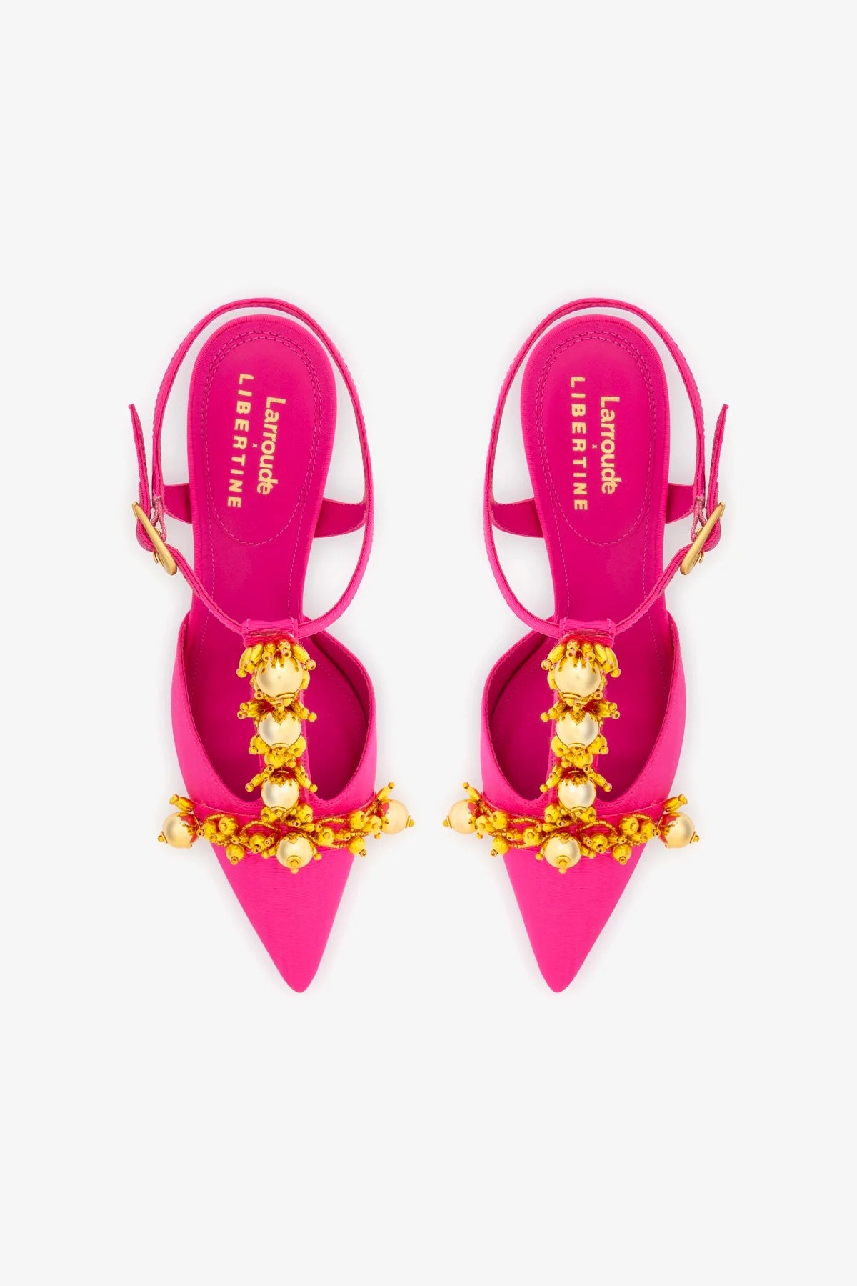 Larroudé x Libertine Women's High Heel Pump Shoes in Magenta Fabric with Golden Ball Accents - Perfect for Parties, Weddings & Special Occasions
