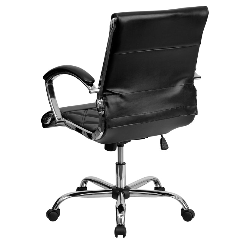 FLASH Merideth Mid Back Designer Black LeatherSoft Executive Swivel Office Chair with Chrome Base & Arms - Ergonomic Desk Chair for Home Office, Conference Room & Workspace
