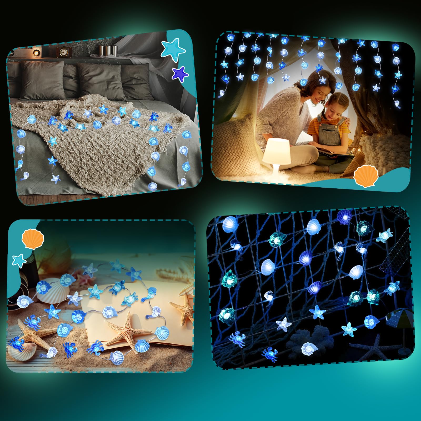 Seahorse Starfish Fairy String Lights - 20FT 60LED USB Battery Powered for Bedroom Christmas Decor