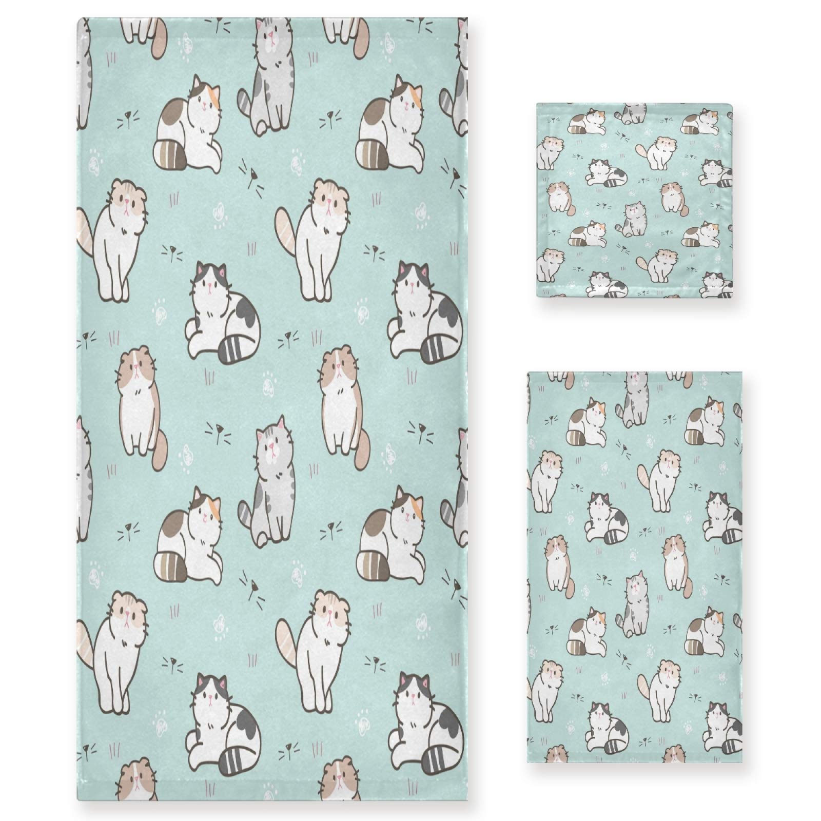 Qilmy Cute Cat Bath Towels Set - Ultra Absorbent & Soft 3-Piece Towels for Home, Spa, and Hotel Decor - Perfect for Bathroom, Beach, and Gift Giving
