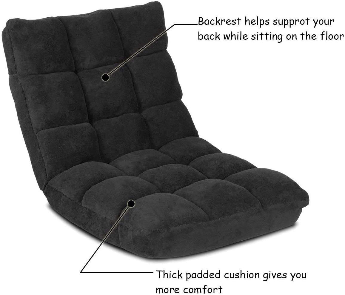 14-Position Adjustable Floor Sofa Chair - Foldable Gaming & Study Recliner with Steel Frame & Comfortable Cushions - Convertible Sleeper Bed for Living Room, Bedroom & Game Room (Black)