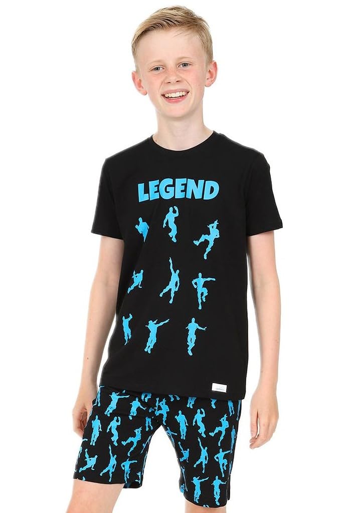Boys Emote Legend Dance Gaming Black Blue Cotton Short Pajamas - Comfortable Sleepwear for Kids, Gaming & Sleepovers