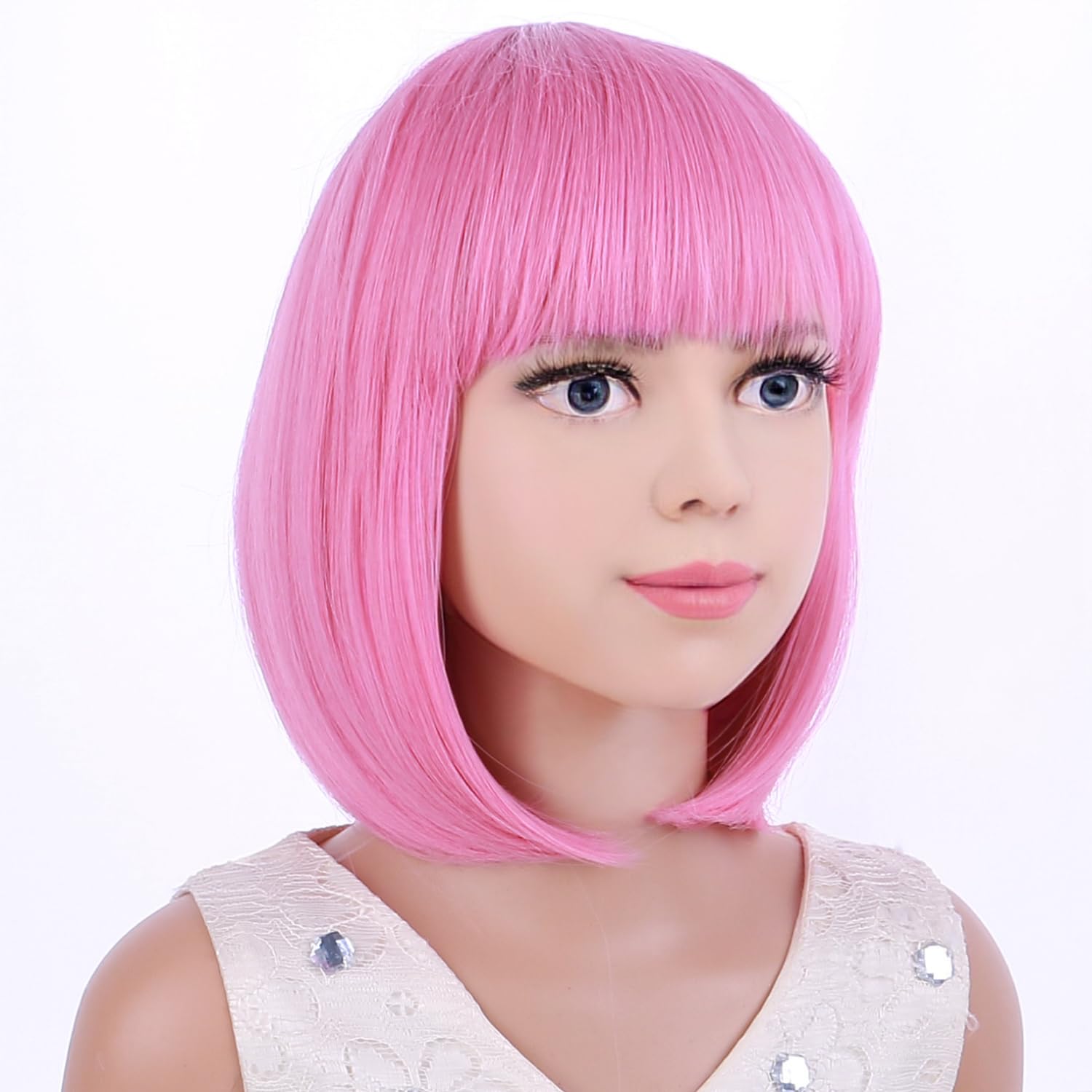 Kids Pink Bob Wig with Bangs - Short Synthetic Wig for Girls with Wig Cap | Perfect for Halloween, Cosplay, Dress-Up & Birthday Parties