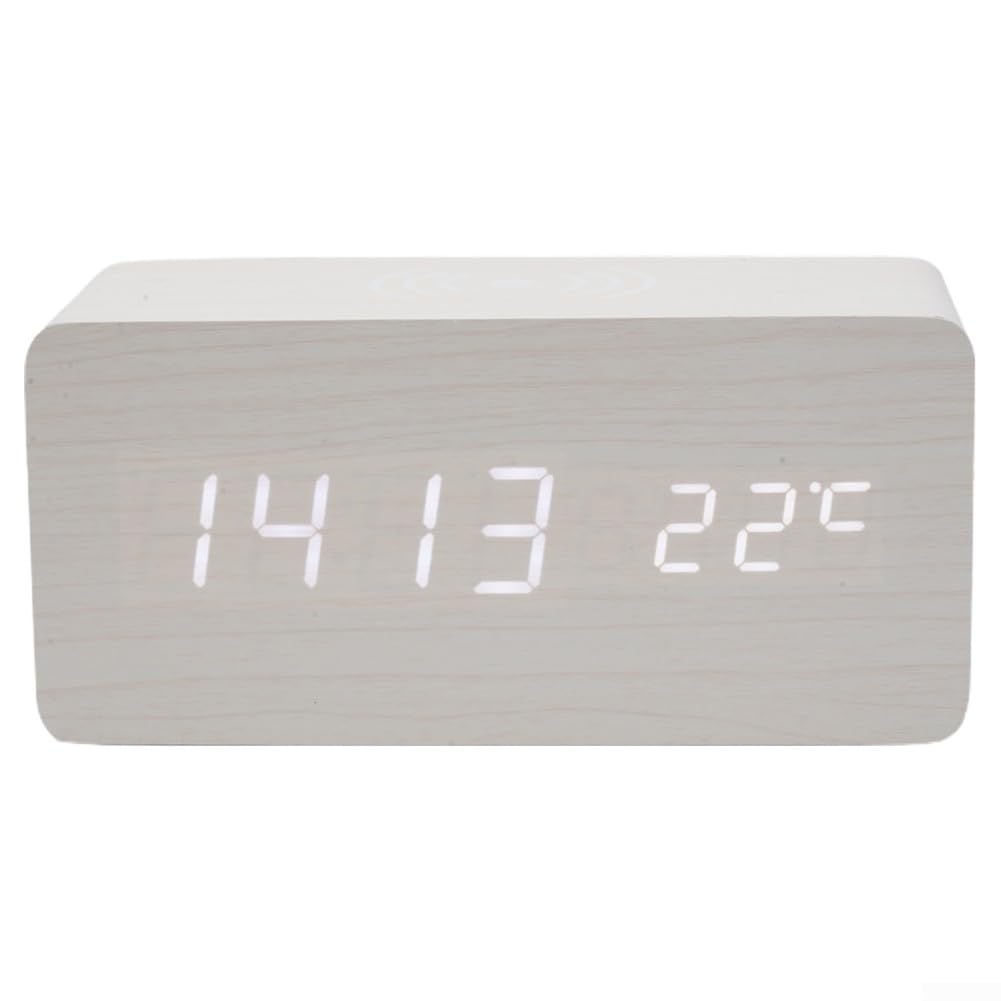 Wireless Charging Digital Alarm Clock with Temperature Display - Wooden Design for Bedroom, Office & Travel | Nightstand Essential for Home Decor