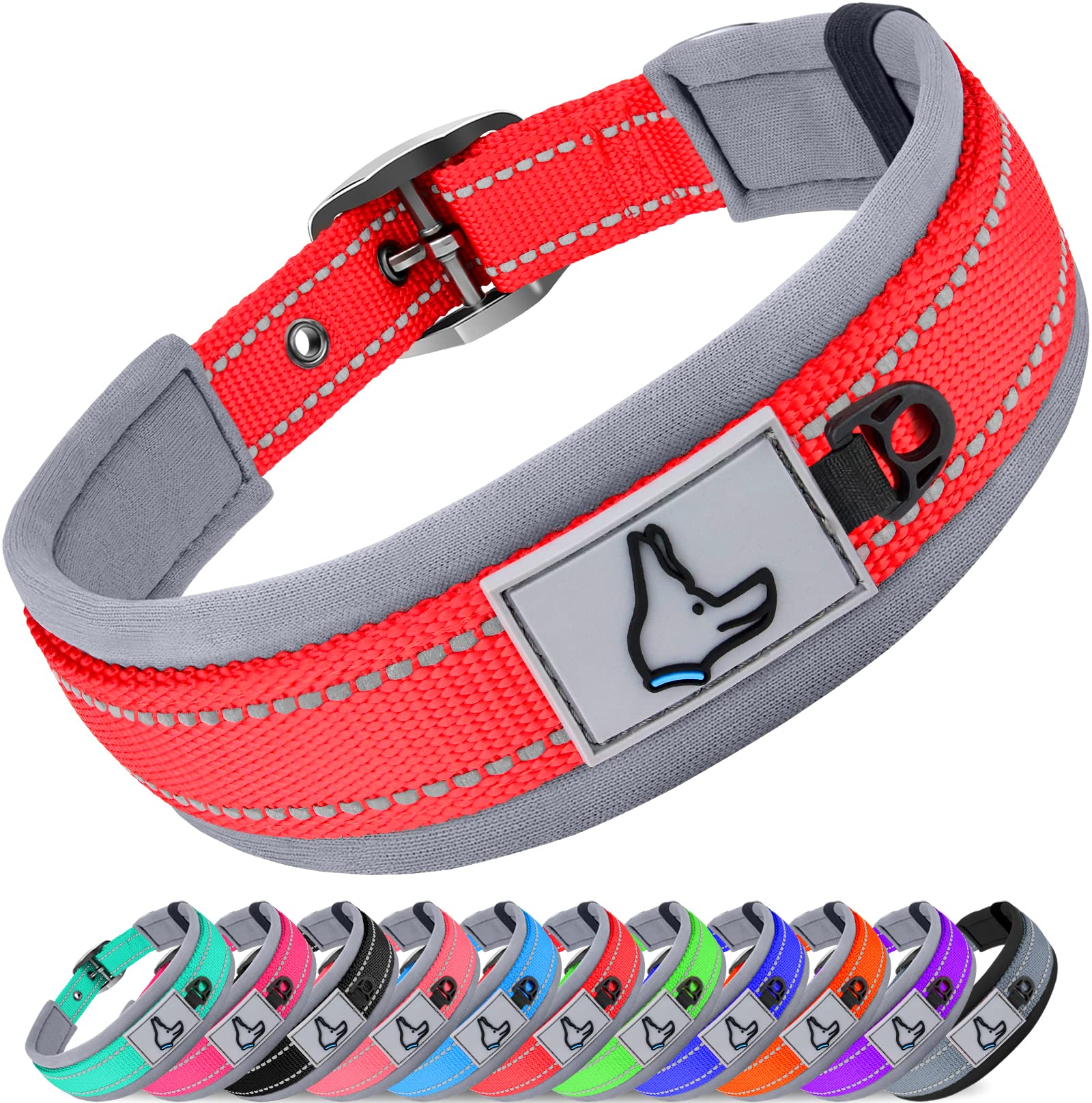 Joytale Adjustable Neoprene Padded Dog Collar for Medium Dogs - Reflective Heavy Duty Pet Collar with Durable Metal Buckle - Perfect for Walking, Training & Outdoor Adventures (Red, Size M)