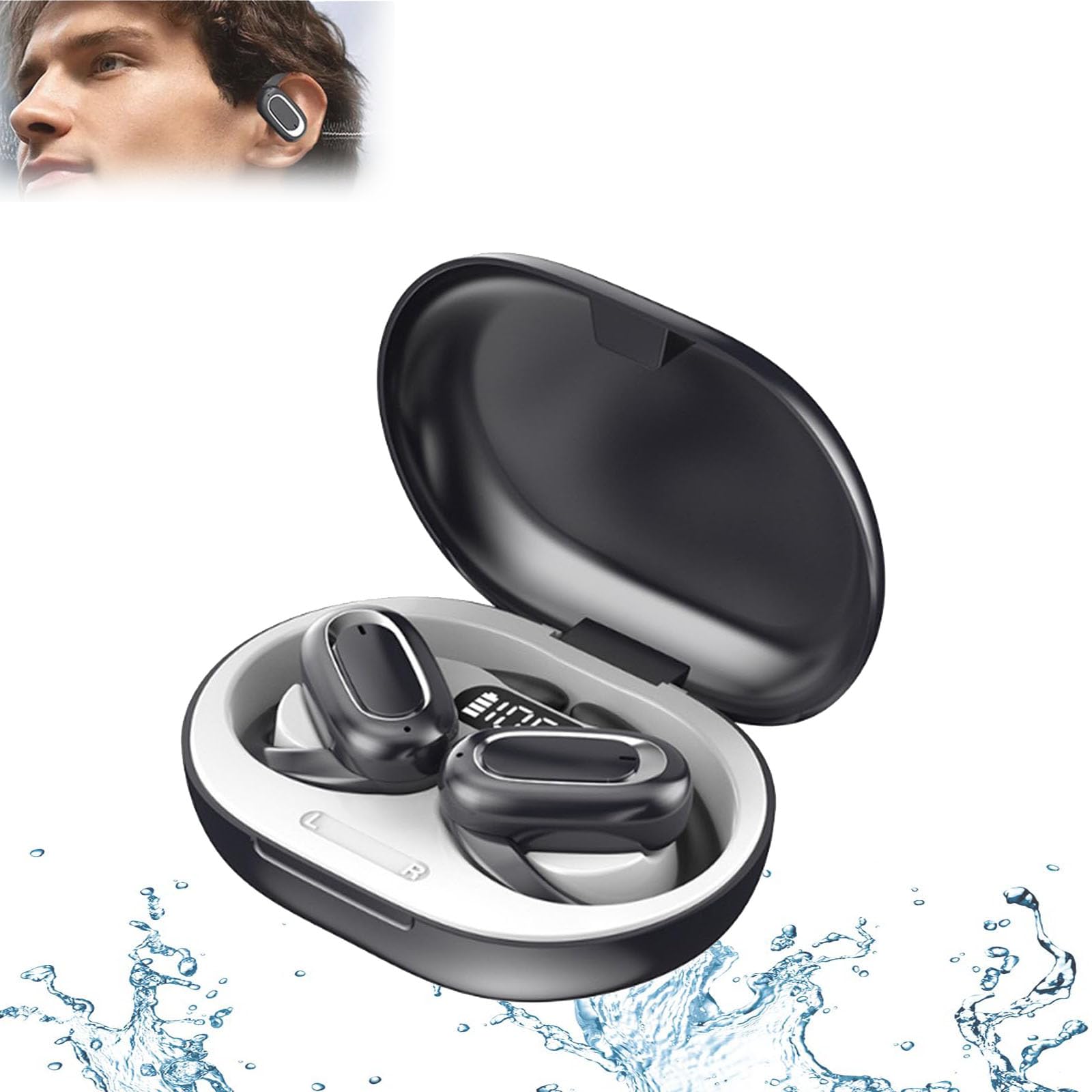 SJIQBE 2024 Latest 3D Surround Sound Open Ear Bluetooth Headphones - Wireless Hanging Neckband Headset with Microphone, Non-In-Ear Design (Grey) - Perfect for Workouts, Commuting & Office Use