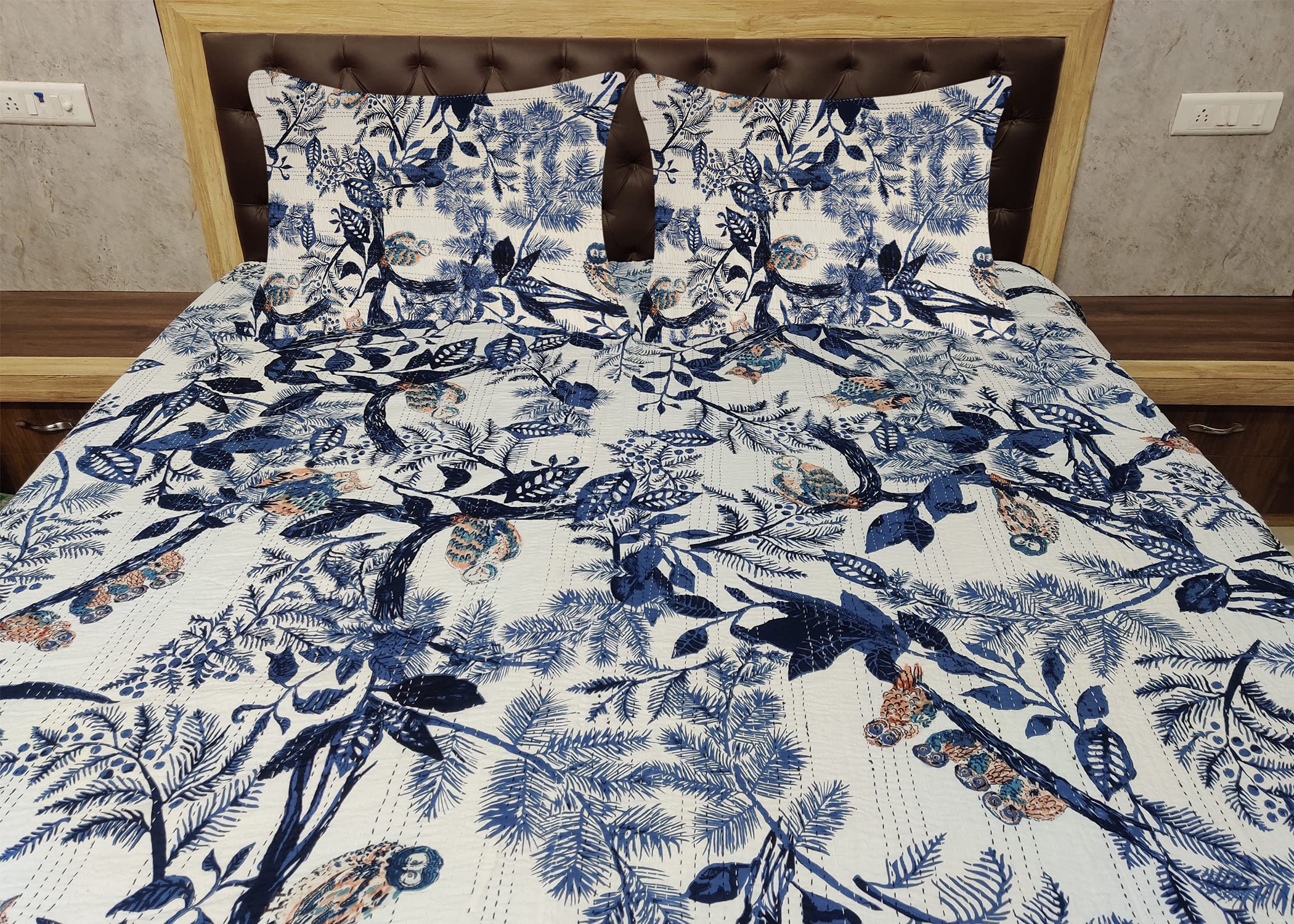Sophia-Art Handmade Indian Owl Printed Kantha Quilt - 100% Cotton King Size Blanket (90