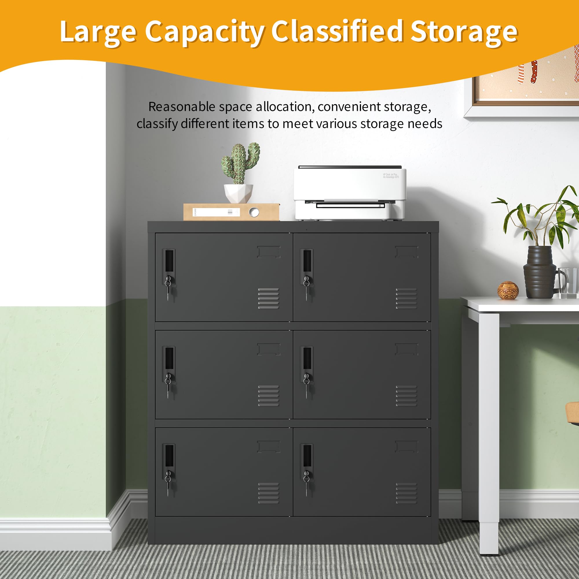 6-Door Employee Storage Locker - Heavy Duty Metal Office & Gym Lockers with Card Slot - Perfect for Home, School & Workplace Organization (Black)