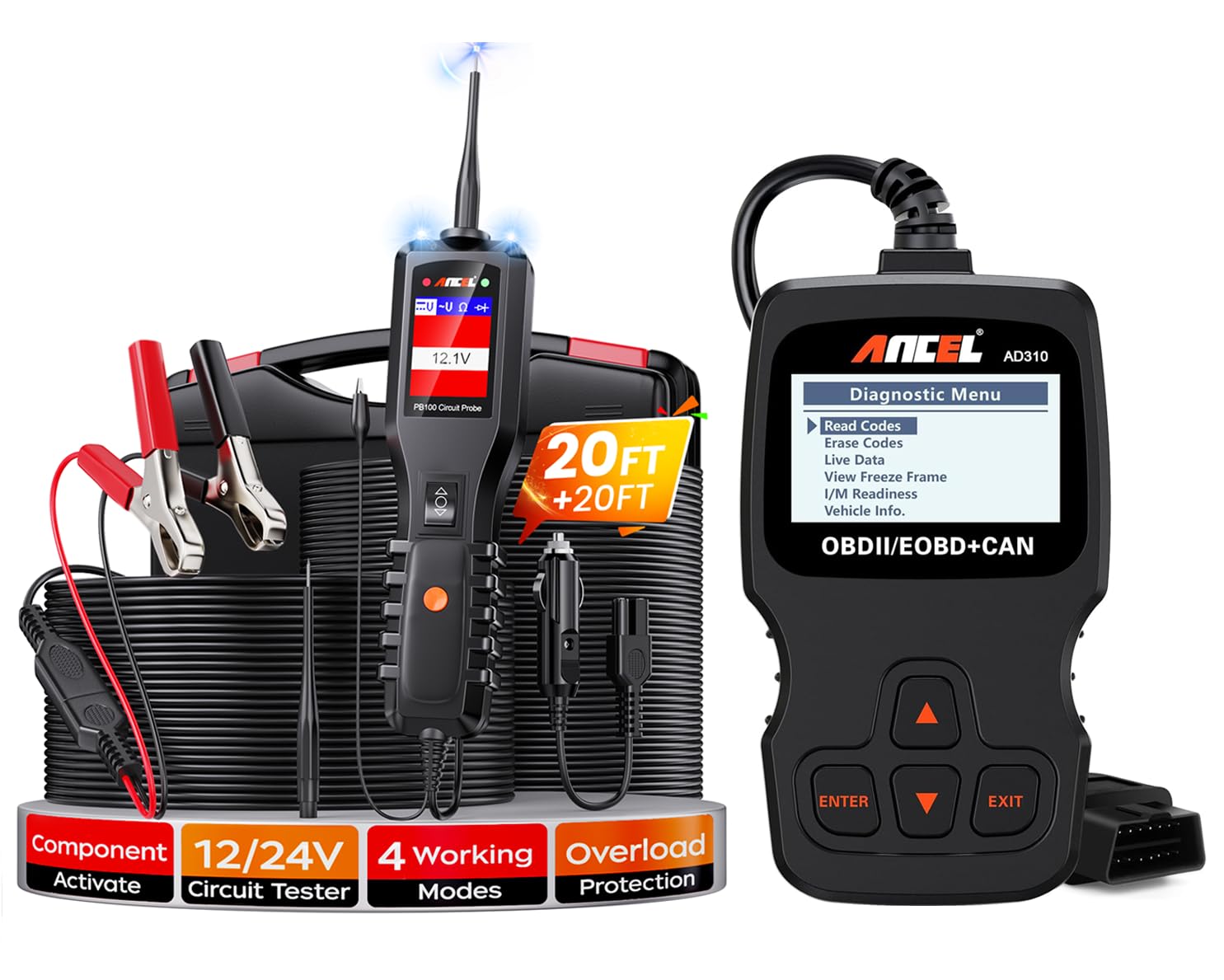 ANCEL PB100 Automotive Power Circuit Probe Tester & AD310 Enhanced OBD2 Scanner - Car Engine Diagnostic Tool for Fault Code Reading | Professional Vehicle Electrical System Testing & Repair Kit for Mechanics & DIY Enthusiasts