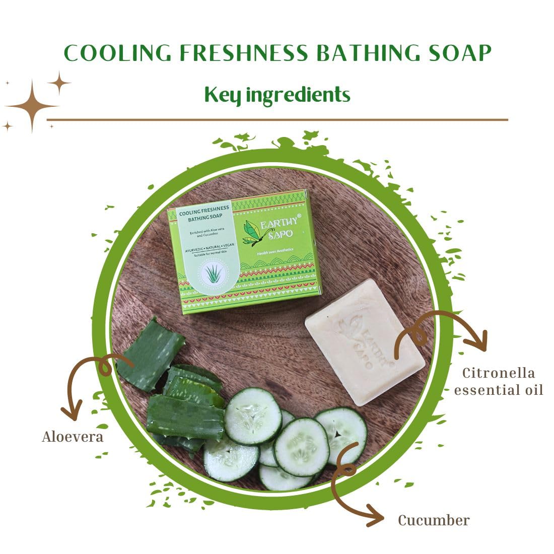 Earthy Sapo Handmade Aloe Vera & Cucumber Cooling Soap - 100g Natural Freshness Bath Bar for Sensitive Skin & Summer Hydration