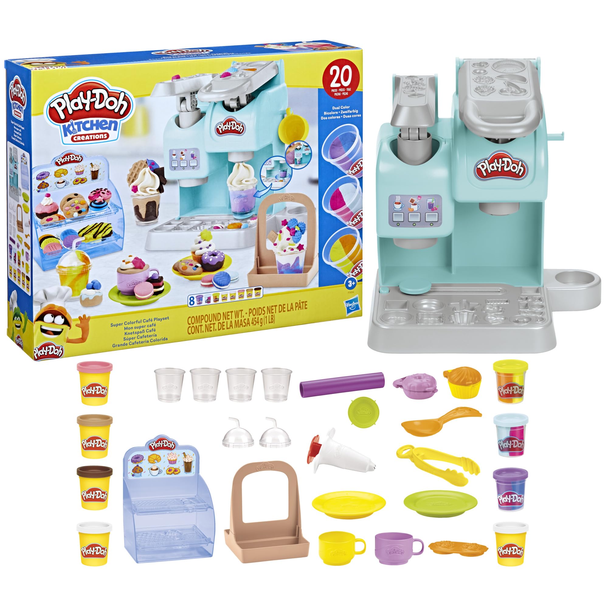 Play-Doh Kitchen Creations Super Café Toy Coffee Maker Set with 20 Accessories & 8 Play-Doh Cans - Pretend Play, Kids Baking & Cooking Role Play, Creative Fun for Toddlers & Preschoolers