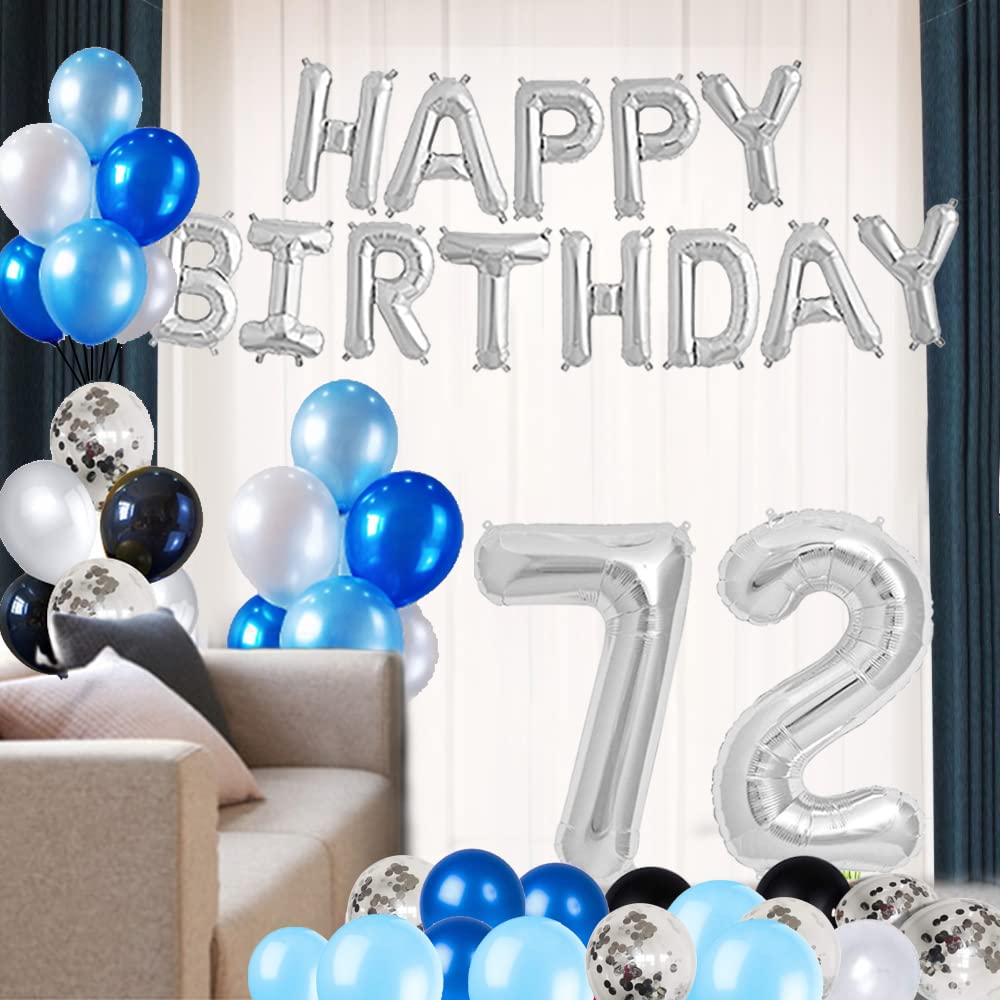 72nd Birthday Party Decorations Set - Foil Happy Birthday Banner, Number 72 & Star Balloons, 47pcs Latex Balloons in Silver & Blue - Perfect for Milestone Celebrations, Retirement Parties & Grandparent Birthdays