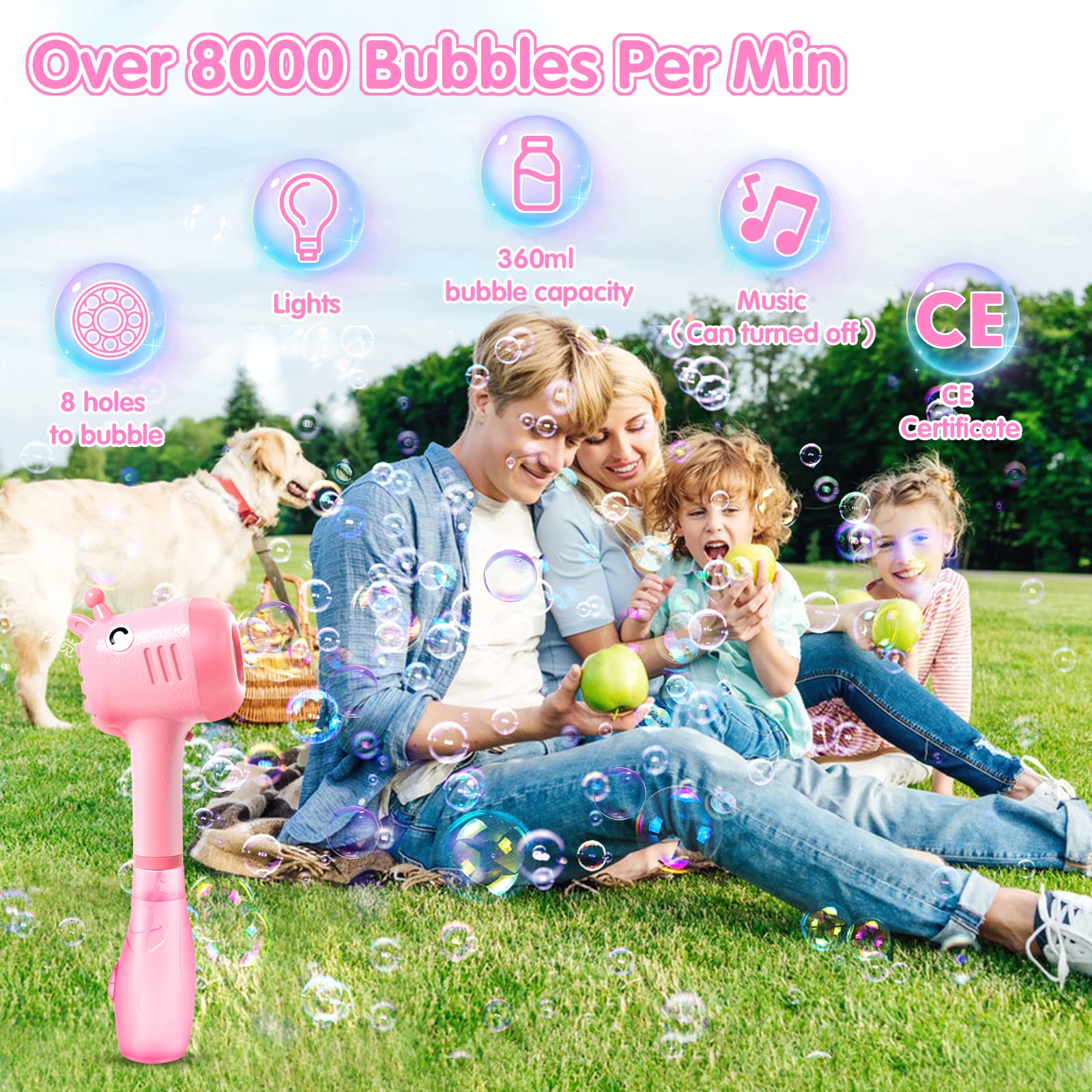 Panacare Electric Bubble Blower Machine - 4000+ Bubbles Per Minute with 290ML Super Bubble Solution, Giraffe Shaped Bubble Toy for Kids Outdoor Play, Birthday Parties, Weddings & Backyard Fun