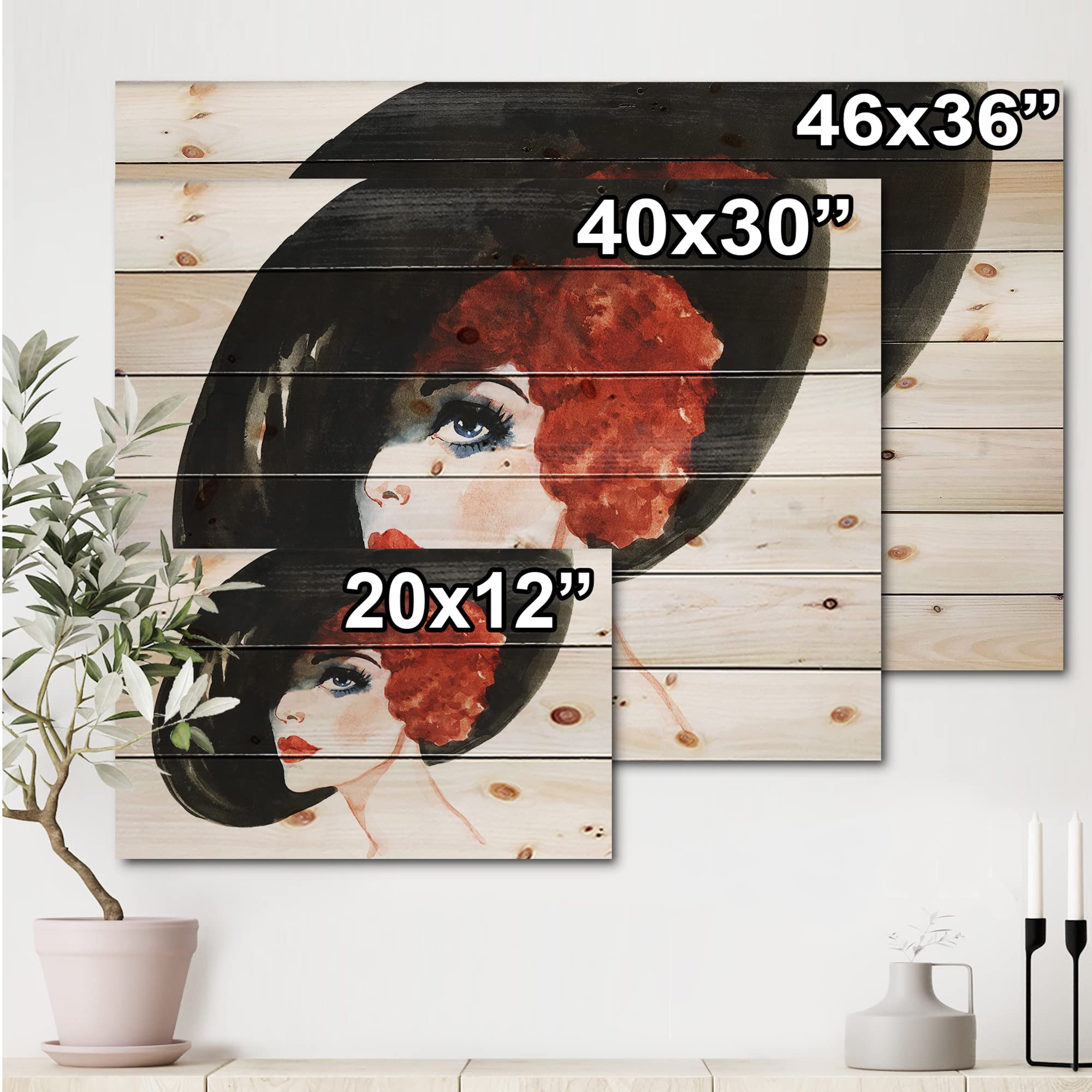 Red Head Lady Portrait Wood Wall Art - Modern Orange Decor for Living Room