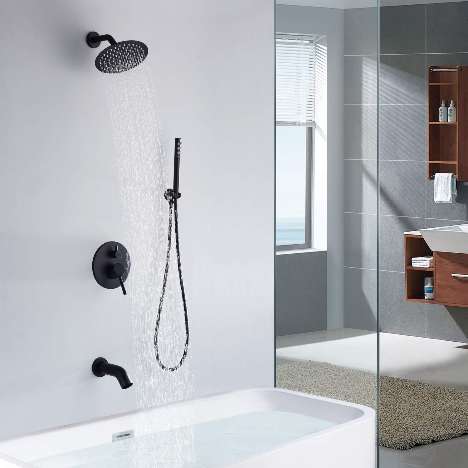 Premium Matte Black Rain Shower System with Waterfall Tub Spout - Complete 8 Inch Rainfall Shower Head & Handheld Sprayer Set - Modern Bathroom Faucet for Luxury Spa Experience at Home