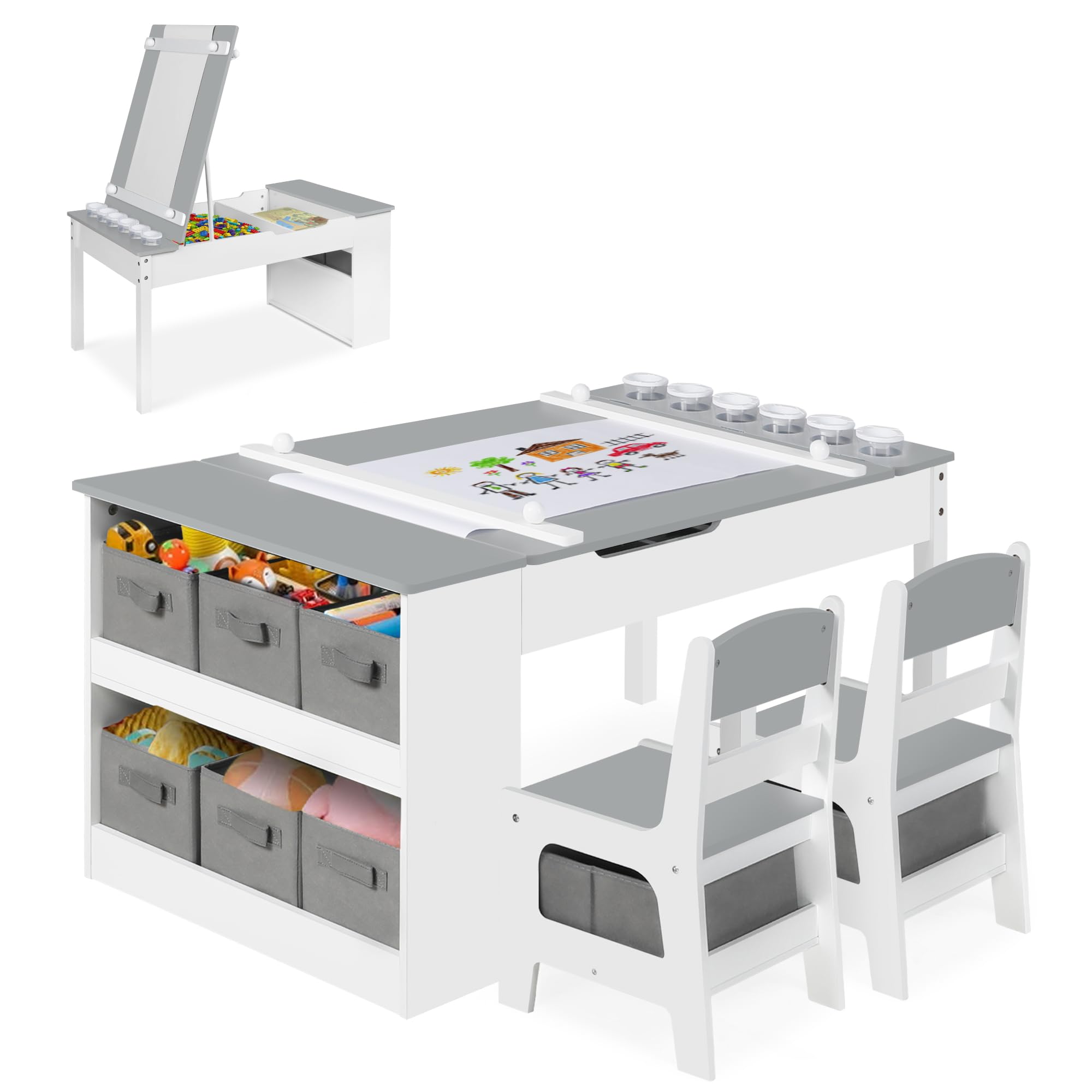 2-in-1 Kids Art Table and Chairs Set with Storage - Wooden Activity Desk for Toddlers Includes 2 Chairs, 8 Canvas Bins, 6 Paint Cups & Paper Roll - Perfect for Drawing, Writing & Creative Play in Nursery or Playroom