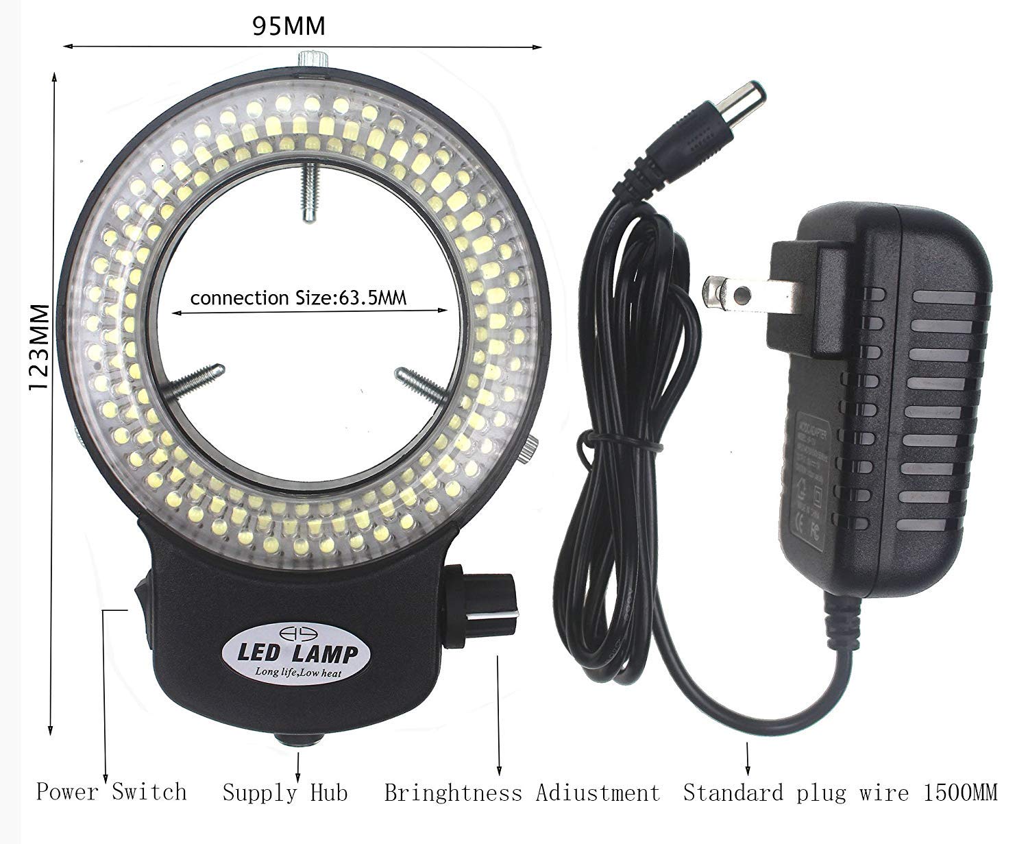 Black Adjustable 144 LED Ring Light for Stereo Microscopes - Dimmable Illuminator with Bright Lighting for Lab, Jewelry & Electronics Inspection (144-LED)