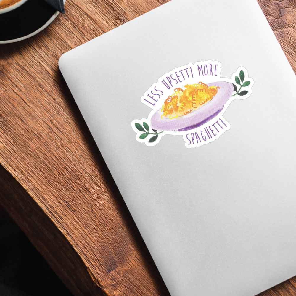 Less Upsetti More Spaghetti Funny Vinyl Sticker Decal - Waterproof & Durable for Laptops, Water Bottles, Cars | Perfect for Food Lovers & Italian Cuisine Fans