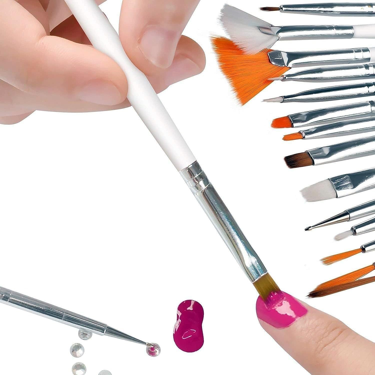 20 Pcs Professional Nail Art Brush Set - Dotting Tools, Polish Brushes & Acrylic Nail Design Kit with Handle Grip for Manicure, Pedicure & Nail Art - Perfect for Salon, Home Use & DIY Nail Designs