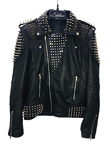Steampunk Black Leather Studded Handmade Jacket for Women - Gothic Punk Fashion Coat with Metal Studs (XS, Black) | Perfect for Cosplay, Halloween Costumes & Alternative Fashion Outfits