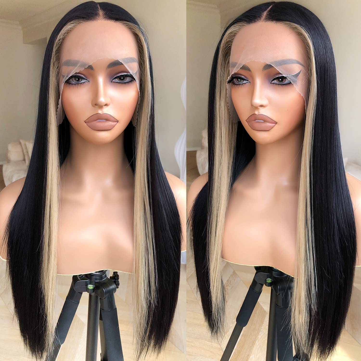 13x5x1 HD Glueless Synthetic Lace Front Wig for Women - 180 Density 26inch Skunk Stripe Black & Blonde Pre-Plucked Ready to Wear Wig | Perfect for Cosplay, Halloween Costumes, and Fashion Styling
