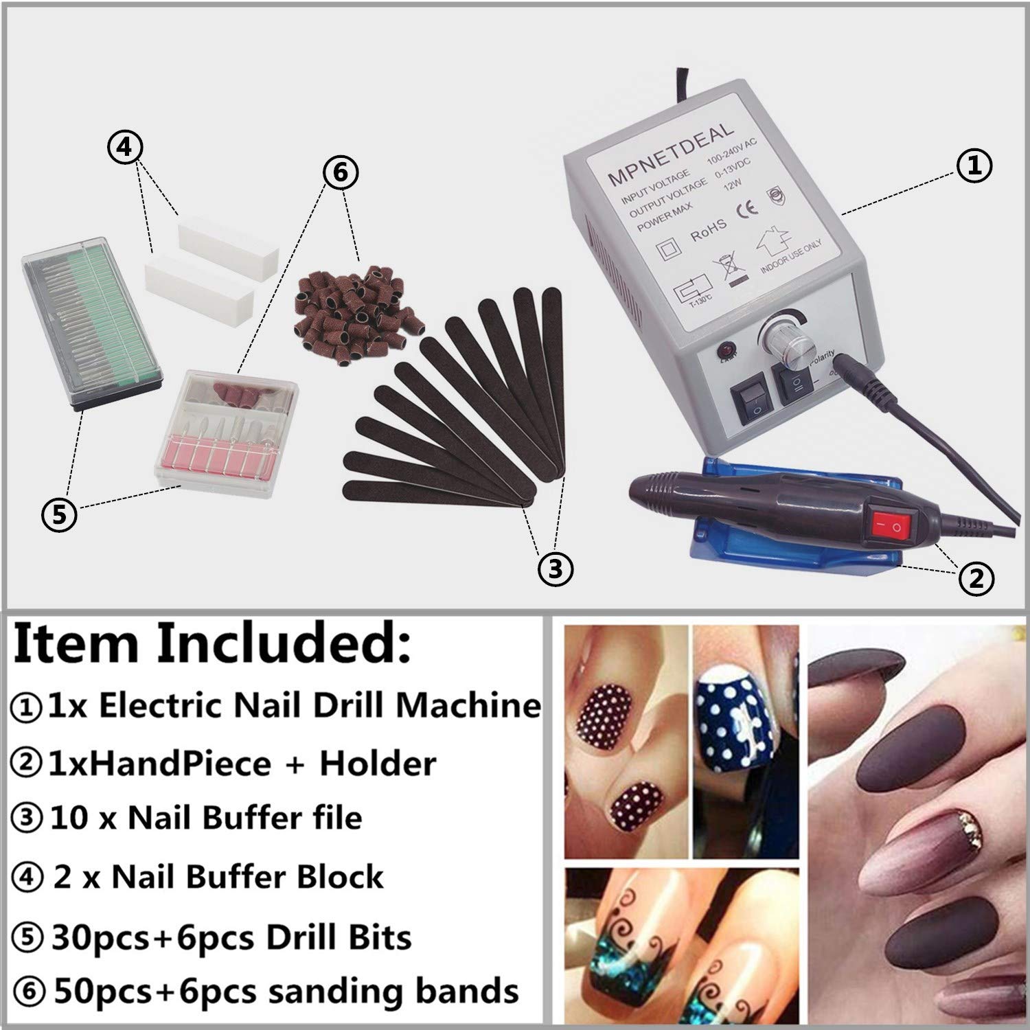 Professional Electric Nail Drill Machine Kit for Manicure & Pedicure - Cordless Nail Art File with 6 Bits & LED Light (Gray) - Perfect for Salon, Home Use & DIY Nail Care