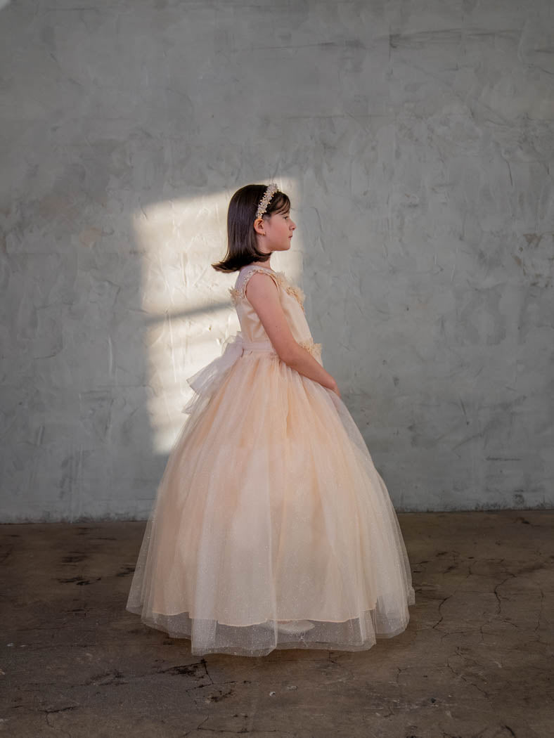 Champagne Illusion Neckline Floral Applique Glitter Tulle Dress for Big Girls Size 8-16 | Formal Party, Prom, Wedding Guest Dress