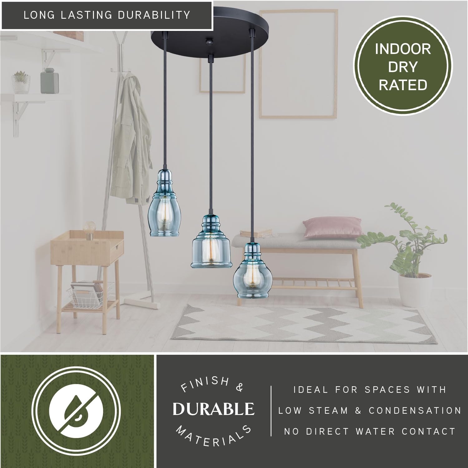 VAXCEL Millie 3L Bronze Farmhouse Jar Pendant Chandelier - Blue Glass Ceiling Light Fixture for Kitchen Island, Dining Room & Bedroom Lighting