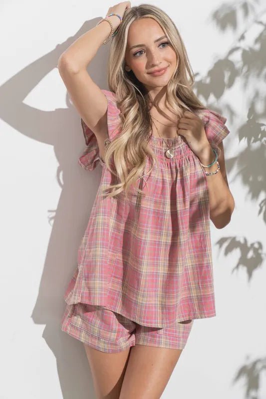 Plaid Print Smocked Ruffle Baby Doll Top for Women - Casual & Party Wear - Perfect for Dates, Outings, and Special Occasions