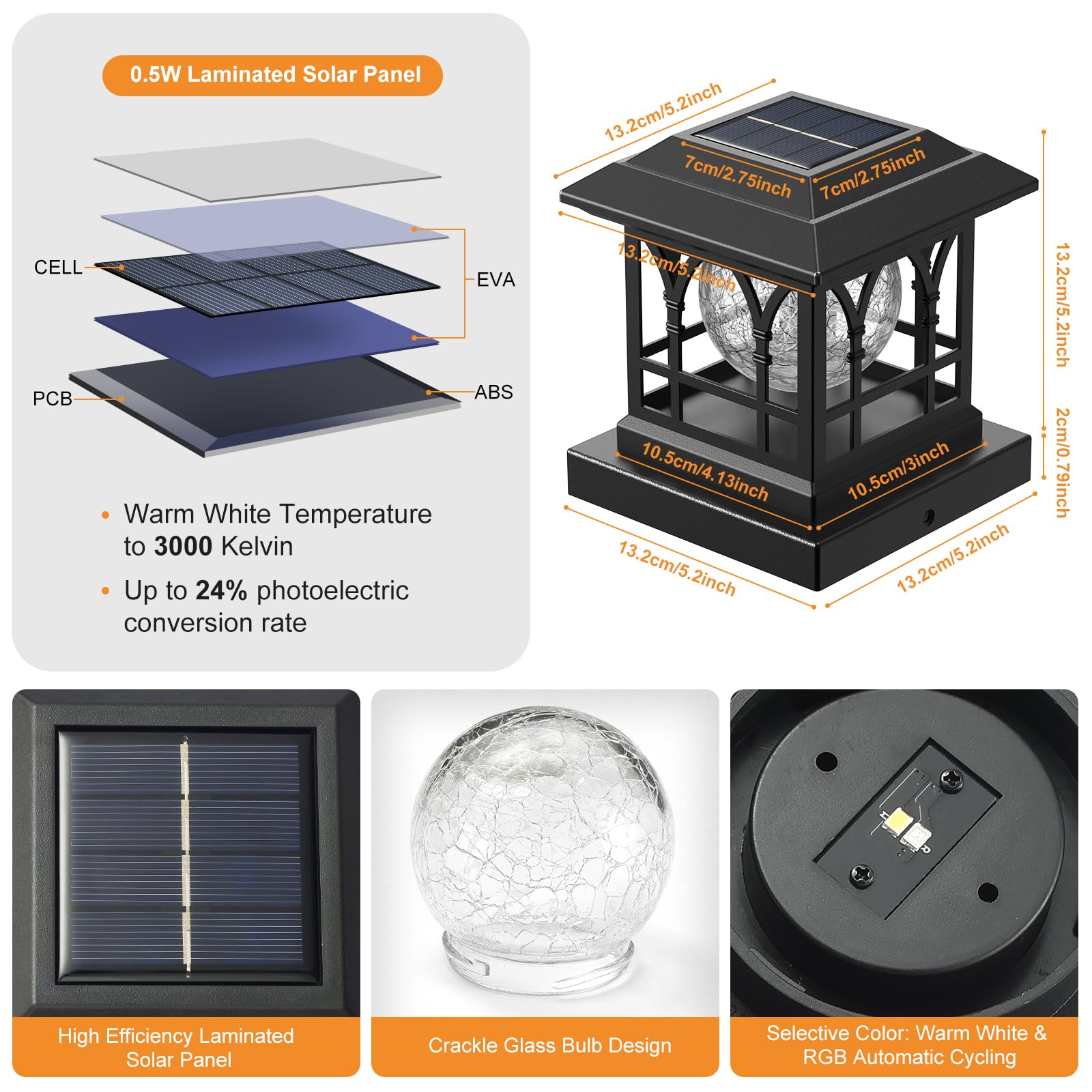 Solar Post Cap Lights - 12 Pack Black Crackle Glass Fence Lights, 20 Lumens Warm White & RGB Auto Color Changing, Waterproof for 3.6x3.6 to 5x5 Wood/Vinyl Posts - Perfect for Patio, Garden, Deck & Pathway Lighting