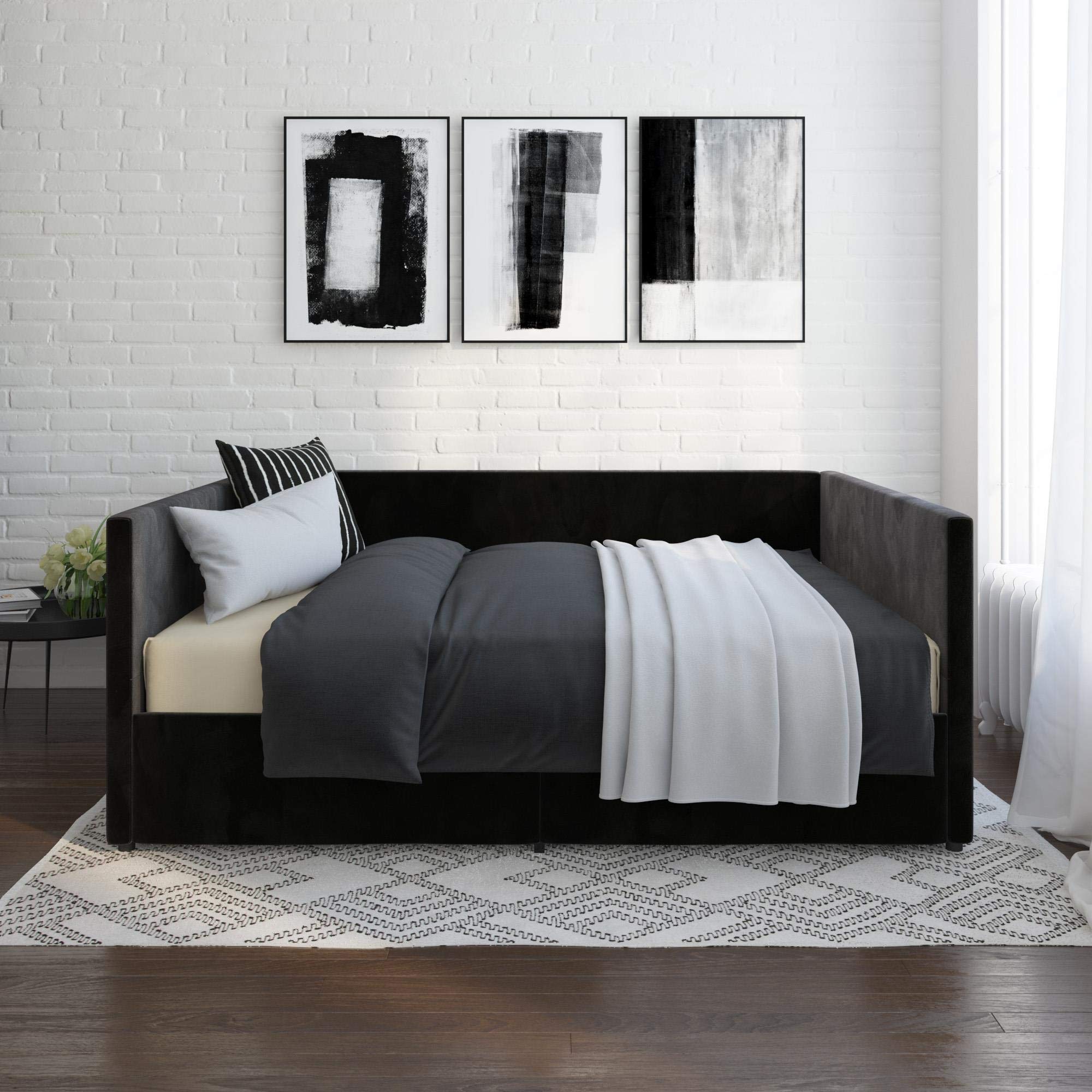 DHP Theo Full Size Daybed with Storage Drawers - Black Velvet Upholstered Sleeper Sofa for Guest Room, Dorm & Small Space Living