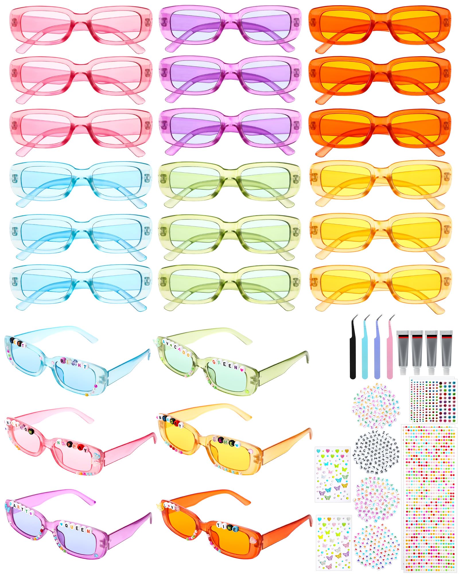 24 Pairs DIY Square Sunglasses Kit - Bulk Craft Supplies with Letter Beads, Glue, Tweezers, Acrylic Diamonds & Pearl Stickers for Friendship Glasses - Perfect for 1989 Themed Parties, Singer Events, Bachelorette Gifts & Women's Craft Nights