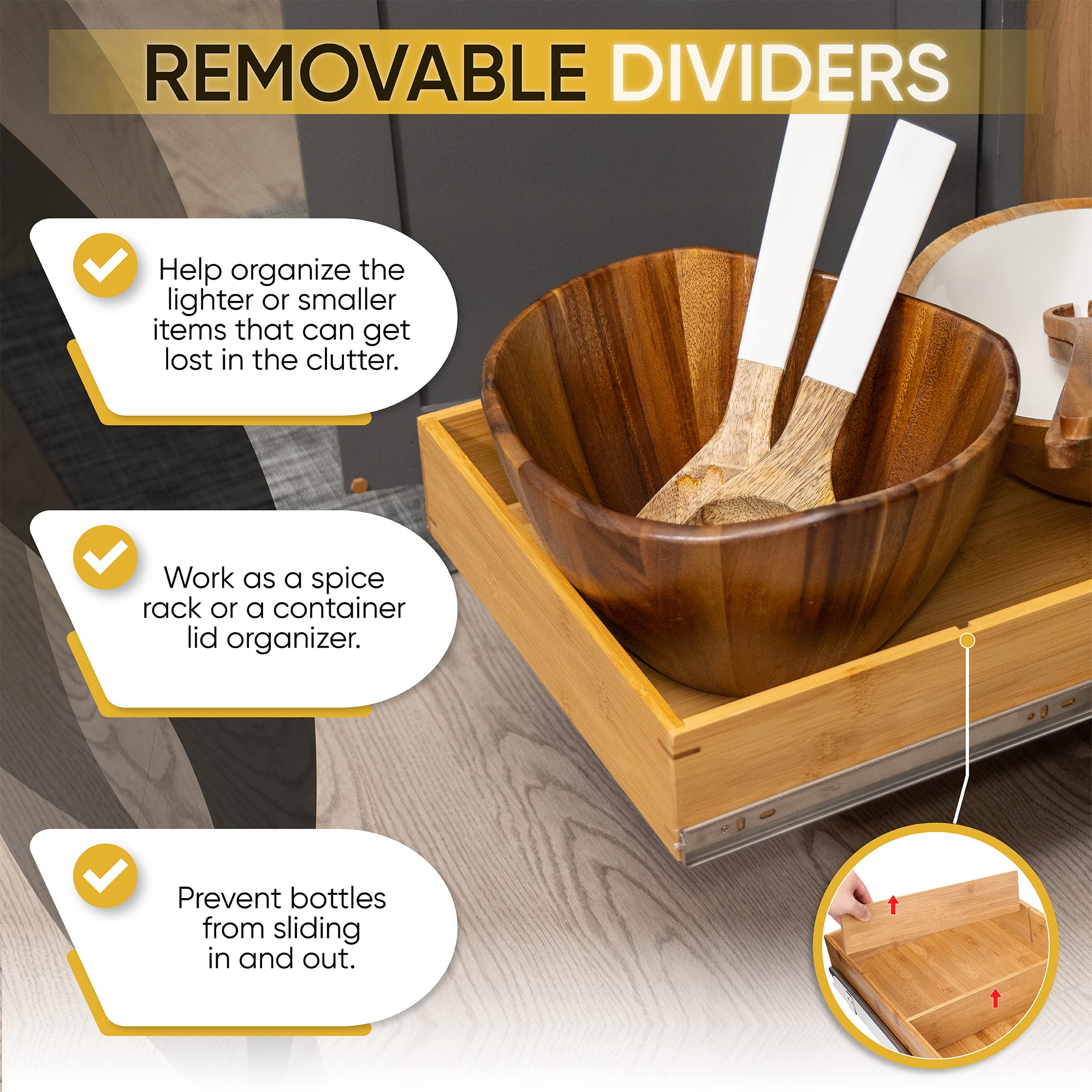 Bamboo Pull Out Cabinet Organizer with Dividers - 20.5
