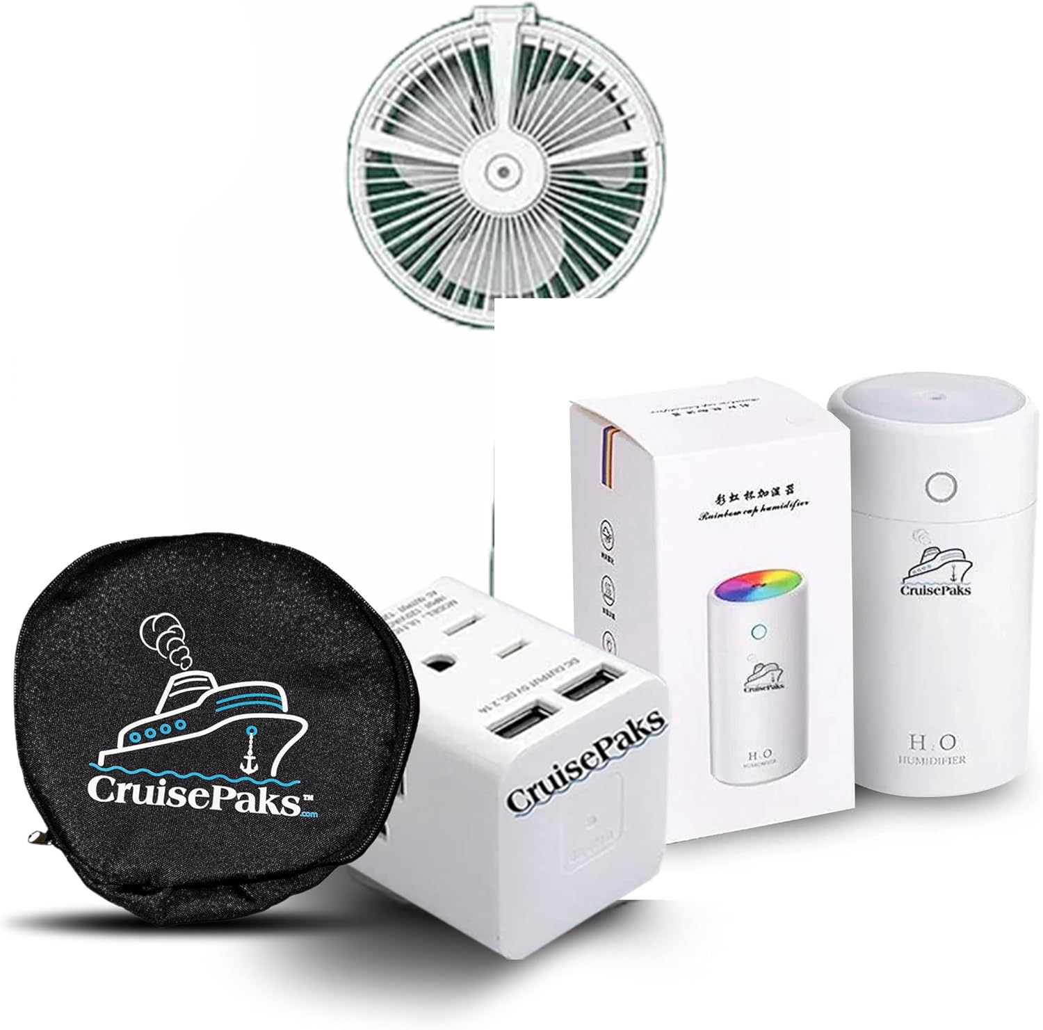 Travel Essentials Bundle - Mini Humidifier (Black/White), Wall Multi Plug & Portable Fan with Carrying Bag | Perfect for Cruise Vacations, Road Trips & Hotel Stays