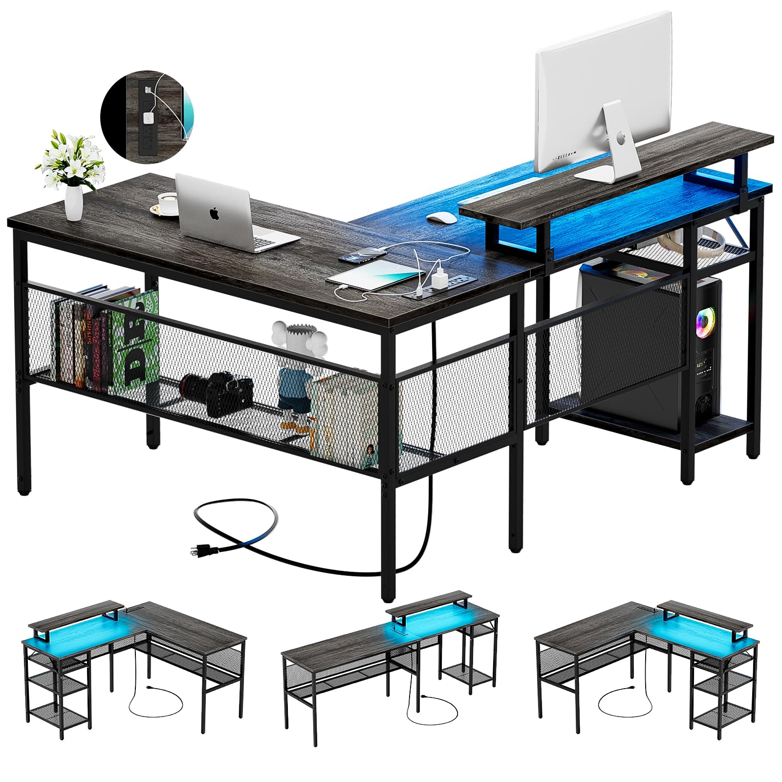 L Shaped Computer Desk with USB Power Outlets & LED Lighting, Ergonomic Corner Gaming Desk with Monitor Stand & Storage, Reversible Home Office Workstation - Perfect for Small Spaces & Gaming Setups (Black Oak)