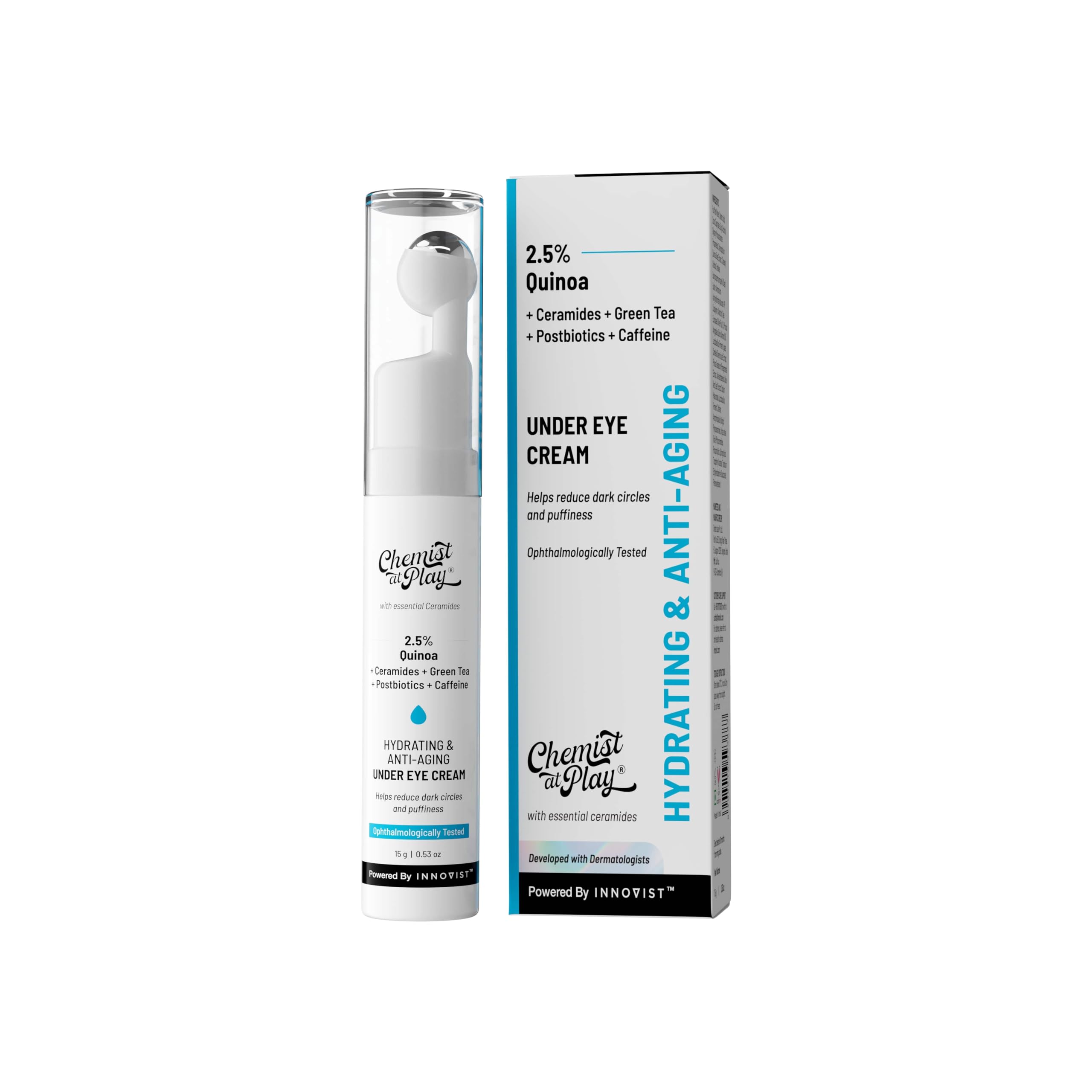 Chemist At Play Under Eye Cream with 2% Revital Eye & Quinoa Extract – Reduces Dark Circles, Puffiness, Wrinkles & Crow's Feet | Lightweight Hydrating Gel with Plant-Based Ceramides | 100% Vegan Cooling Eye Treatment with Roller Applicator | 15g | Perfect for Morning & Night Skincare Routine for Men & Women