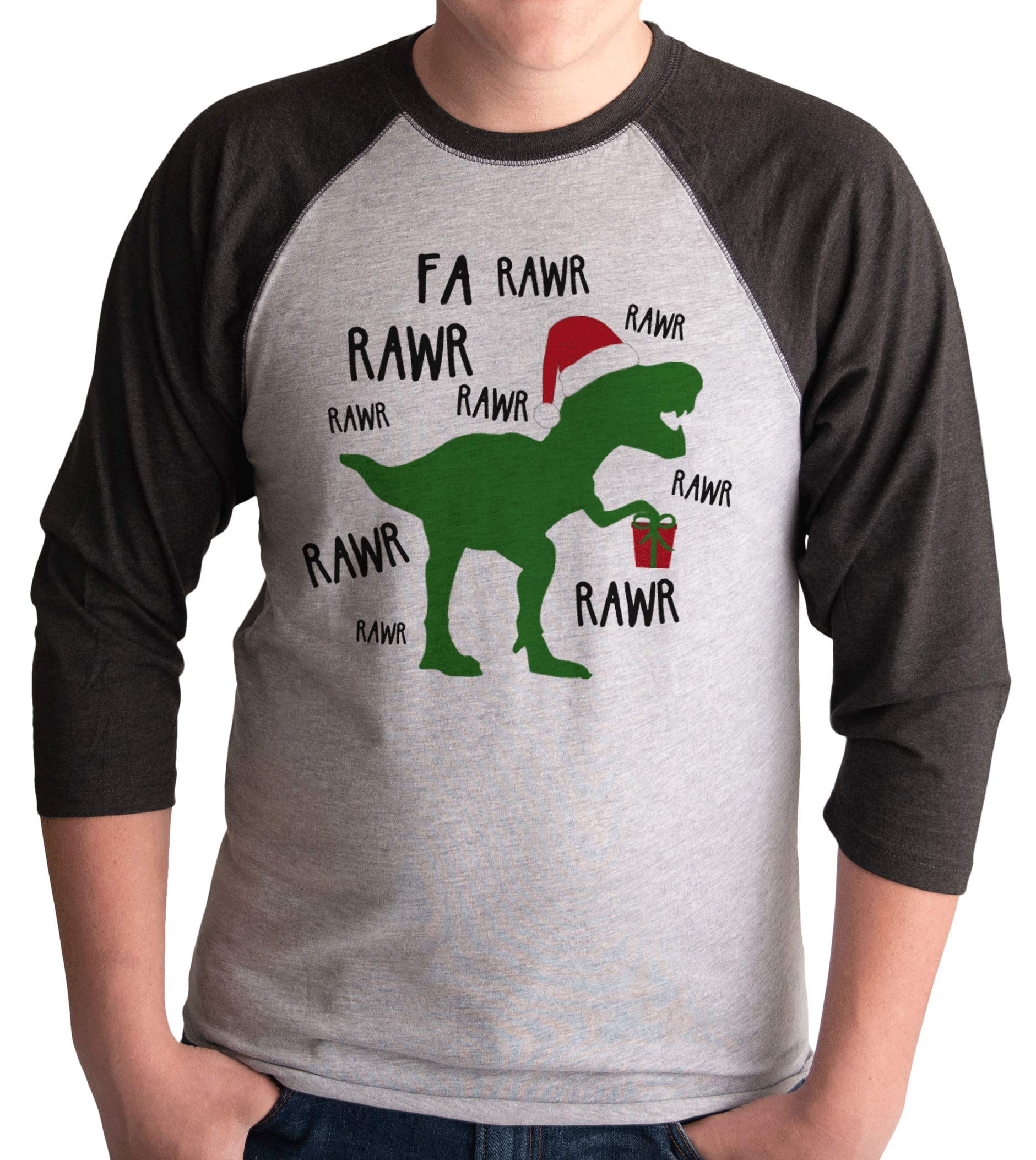 7 ate 9 Apparel Men's Dinosaur Print Christmas Long Sleeve Raglan Shirt - Funny Holiday Gift for Dino Lovers, Ugly Sweater Party & Festive Family Gatherings