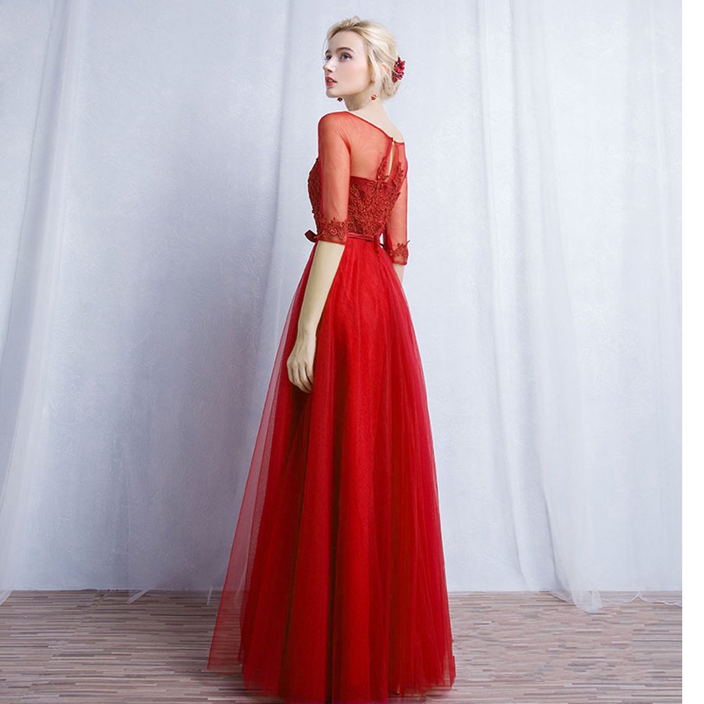 Lemai Sheer Bateau Neckline Half Sleeve Long Tulle Lace Applique Formal Evening Prom Dress for Women - Perfect for Weddings, Galas & Special Occasions