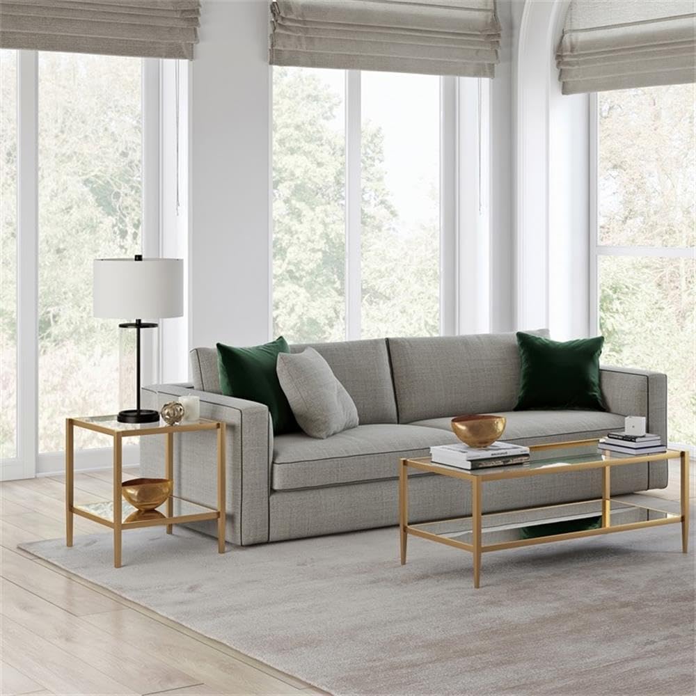 Pemberly Row Modern Metal Glam Side Table with Mirrored Shelf in Brass - Elegant Nightstand for Bedroom, Living Room, or Office Decor