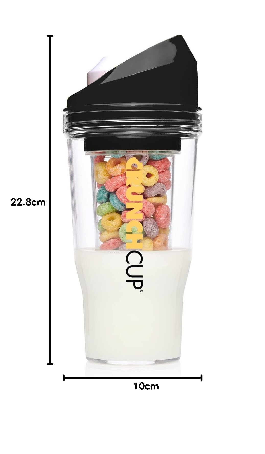 CRUNCHCUP XL Black - Portable Plastic Cereal Cup with Lid, Perfect for Breakfast On The Go, Travel, Camping & Office - No Bowl or Spoon Needed | Holds Milk & Cereal Together | BPA-Free & Leak-Proof Design