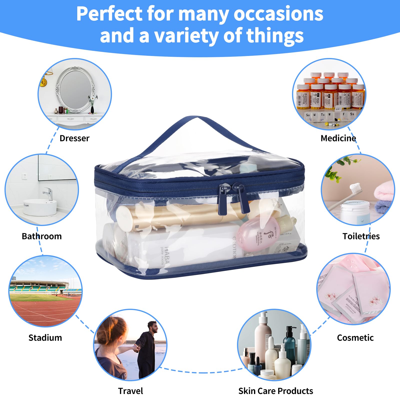 2 Pack Clear Makeup Bags for Travel - TSA Approved Waterproof Transparent Toiletry Organizer for Cosmetics | Perfect for Airplane Carry-On, Gym Essentials & Vacation Packing (Blue)