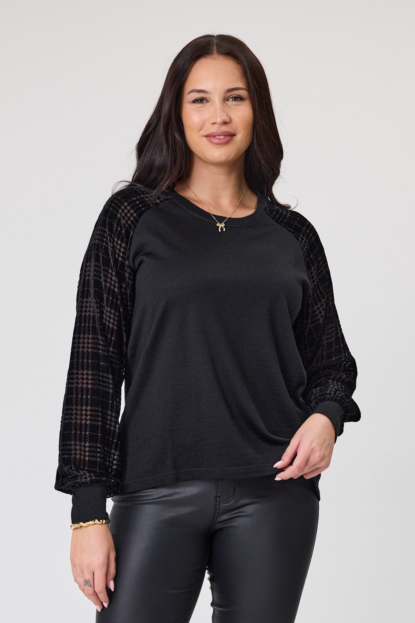 Alpine by Shine On Chantily Merino Flocked Sleeve Top for Women - Soft Wool Blend Long Sleeve Shirt - Black - Perfect for Winter Layering & Casual Office Wear