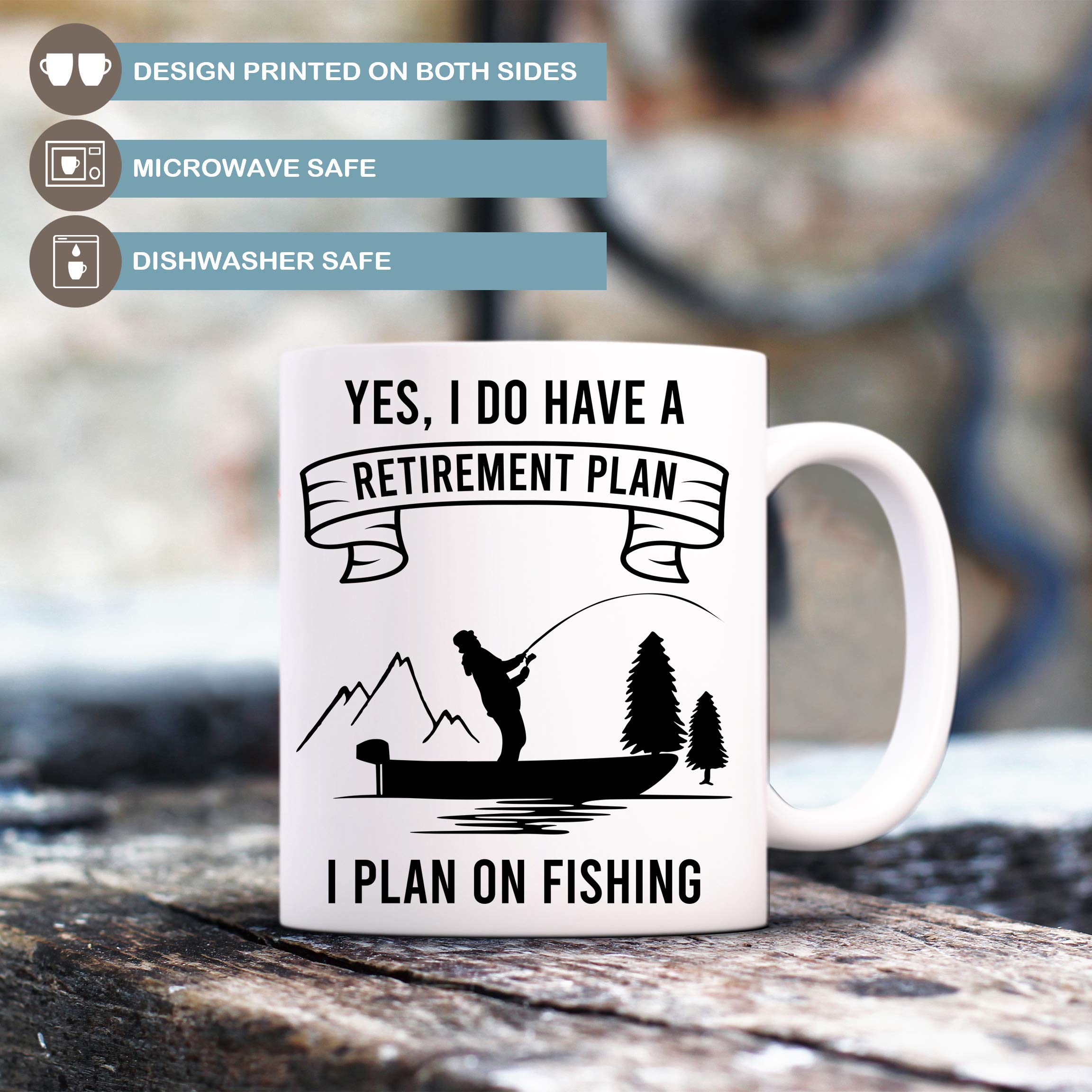 Funny Retirement Gift Coffee Mug - 'Retirement Plan: Fishing' Ceramic Cup (11 oz, Black Accent) | Dishwasher & Microwave Safe | Perfect Retirement Party, Office Farewell, or Fisherman's Gift