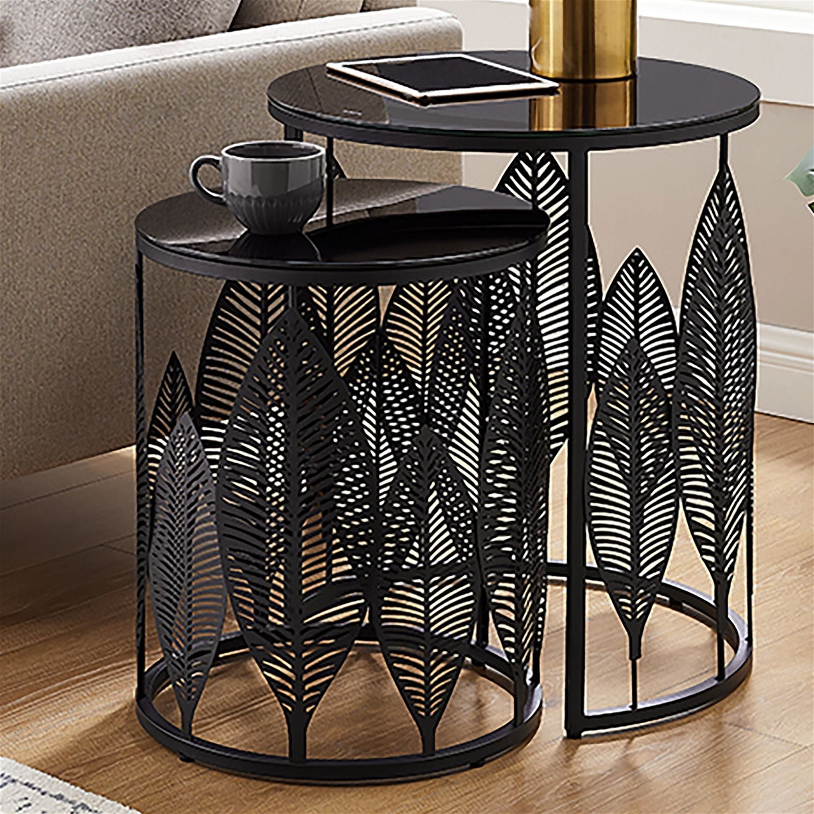Criterion Black Glass Top Leaf Nested Coffee Tables Set - 520mm Modern Metal Frame for Living Room, Lounge & Office Decor