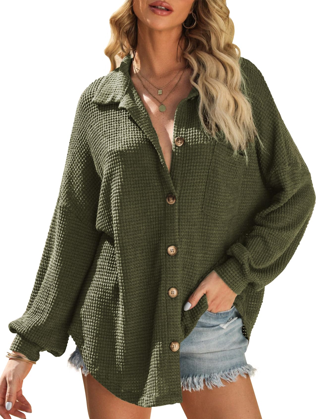PEHMEA Women's Oversized Waffle Knit Button Down Shirt - Long Sleeve Casual Blouse Top with Pocket - Loose Fit Shacket for Fall Layering & Cozy Outfits