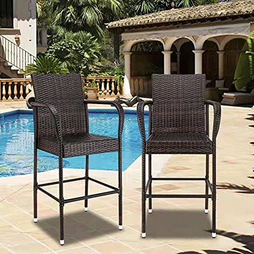 All-Weather Outdoor Wicker Rattan Bar Stool Set of 2 - Patio Furniture Chairs with Armrest & Footrest for Garden, Pool, Lawn & Backyard (Brown) - Perfect for Outdoor Dining, Entertaining & Relaxation